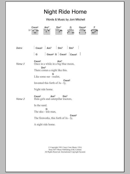 Joni Mitchell Night Ride Home Sheet Music Notes & Chords for Lyrics & Chords - Download or Print PDF