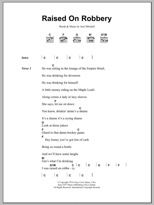 Joni Mitchell Raised On Robbery Sheet Music Notes & Chords for Piano, Vocal & Guitar Chords (Right-Hand Melody) - Download or Print PDF