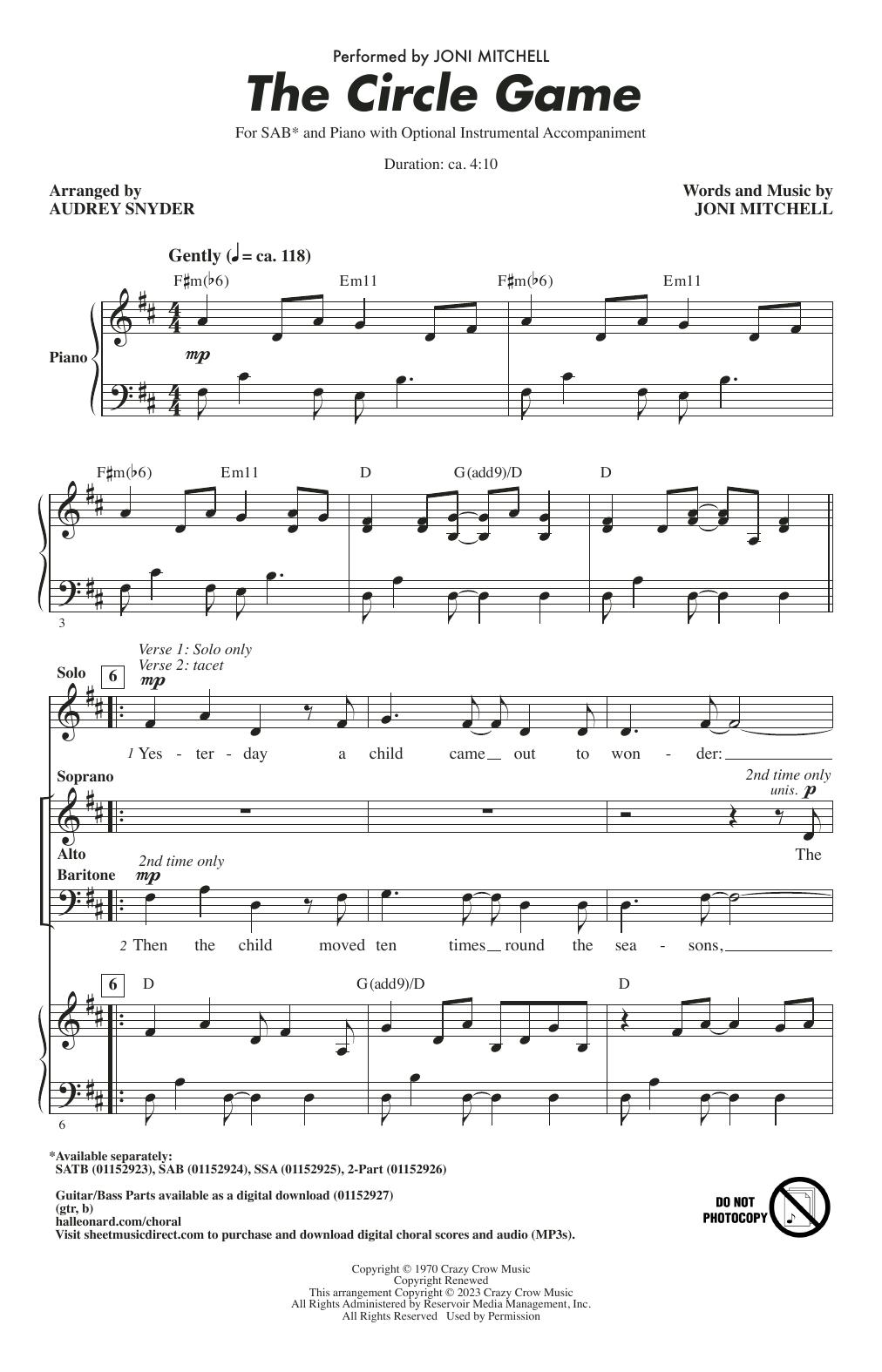 Joni Mitchell The Circle Game (arr. Audrey Snyder) Sheet Music Notes & Chords for SSA Choir - Download or Print PDF