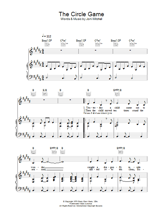 Joni Mitchell The Circle Game Sheet Music Notes & Chords for Piano, Vocal & Guitar (Right-Hand Melody) - Download or Print PDF