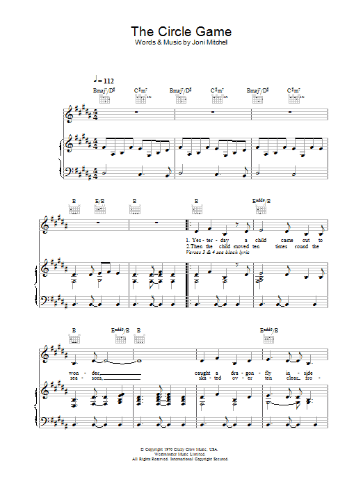Joni Mitchell The Circle Game Sheet Music Notes & Chords for Lyrics & Chords - Download or Print PDF