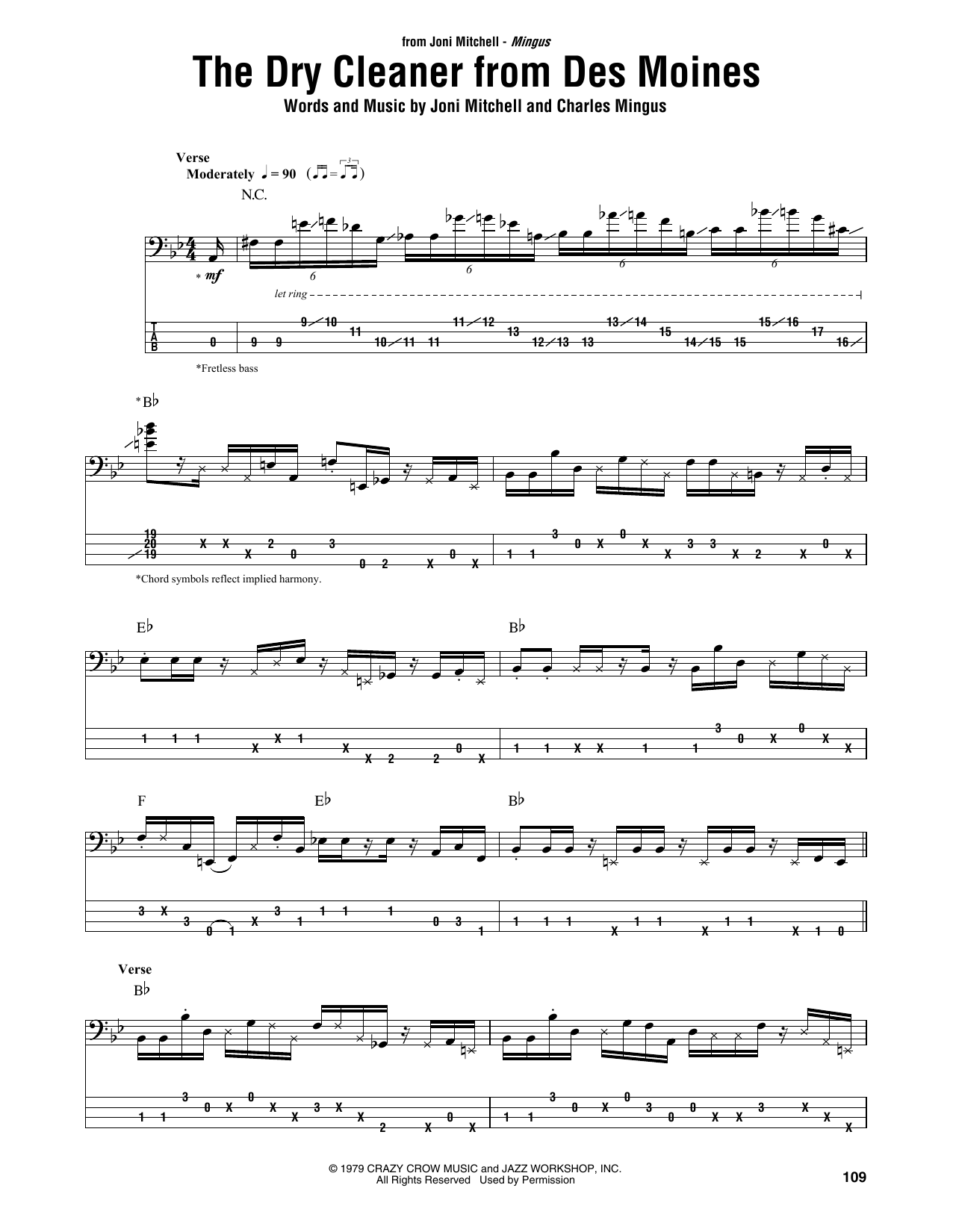 Joni Mitchell The Dry Cleaner From Des Moines Sheet Music Notes & Chords for Bass Guitar Tab - Download or Print PDF