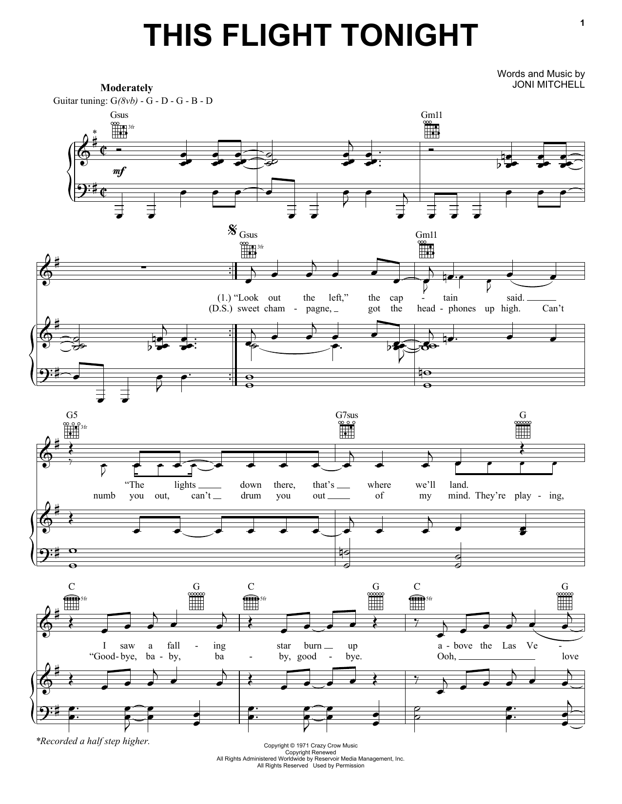 Joni Mitchell This Flight Tonight Sheet Music Notes & Chords for Piano, Vocal & Guitar Chords (Right-Hand Melody) - Download or Print PDF