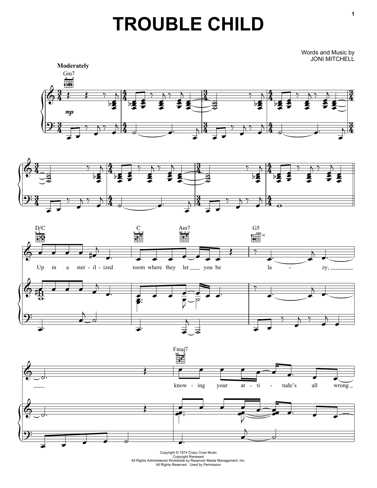 Joni Mitchell Trouble Child Sheet Music Notes & Chords for Piano, Vocal & Guitar Chords (Right-Hand Melody) - Download or Print PDF