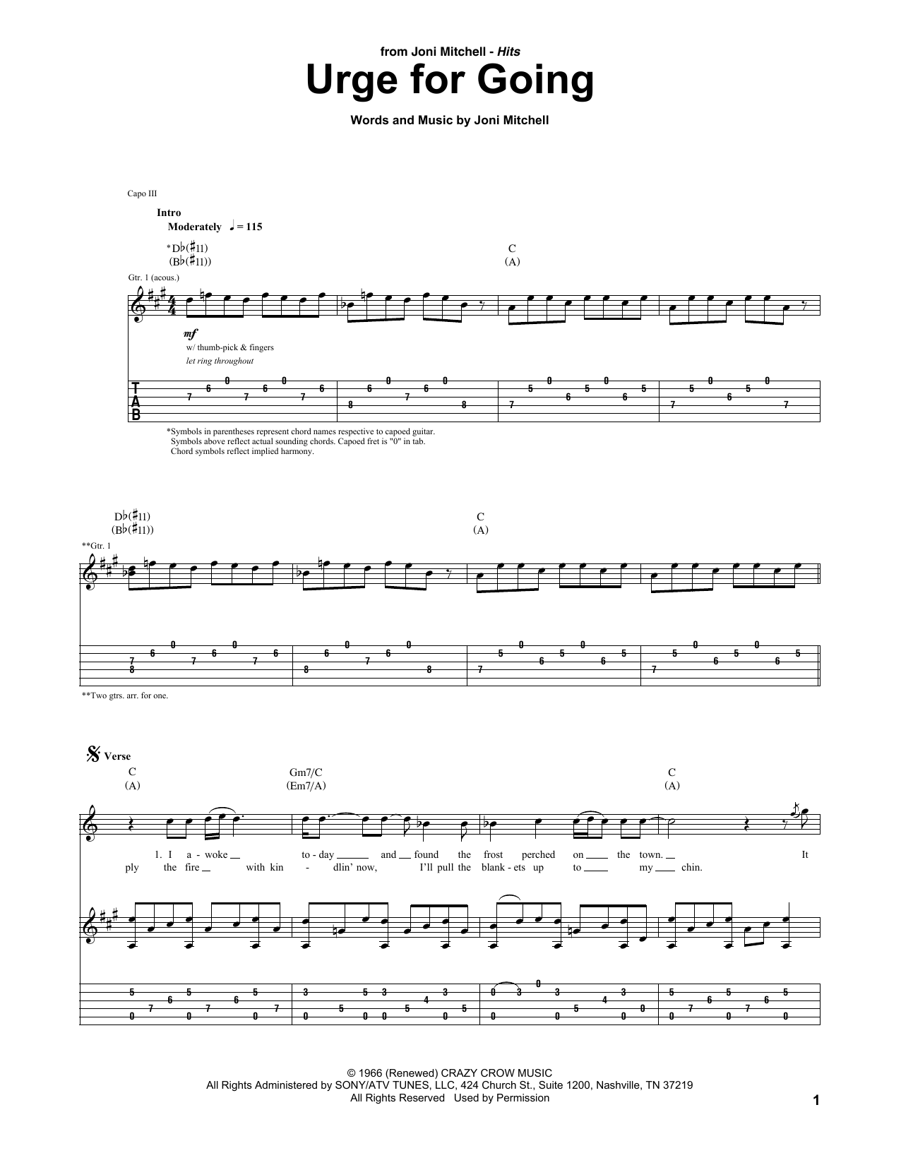 Joni Mitchell Urge For Going Sheet Music Notes & Chords for Piano, Vocal & Guitar Chords (Right-Hand Melody) - Download or Print PDF