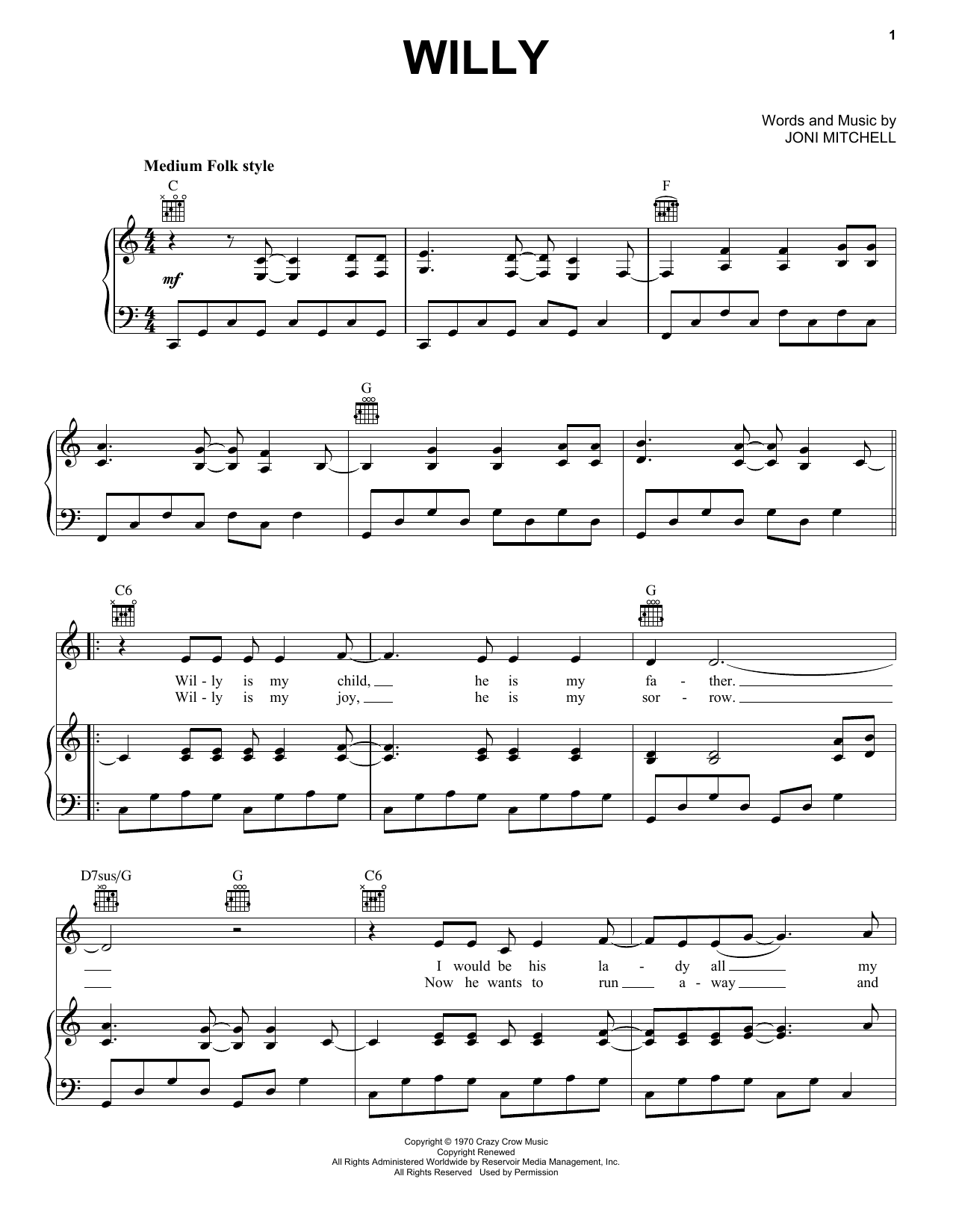 Joni Mitchell Willy Sheet Music Notes & Chords for Piano, Vocal & Guitar Chords (Right-Hand Melody) - Download or Print PDF