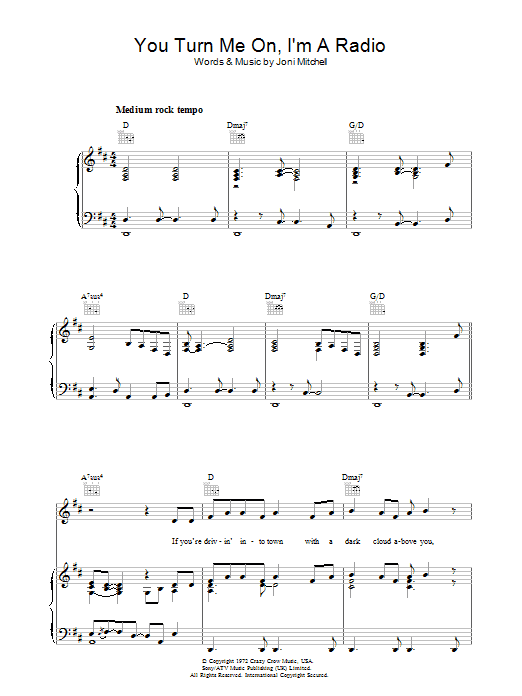 Joni Mitchell You Turn Me On, I'm A Radio Sheet Music Notes & Chords for Piano, Vocal & Guitar Chords (Right-Hand Melody) - Download or Print PDF