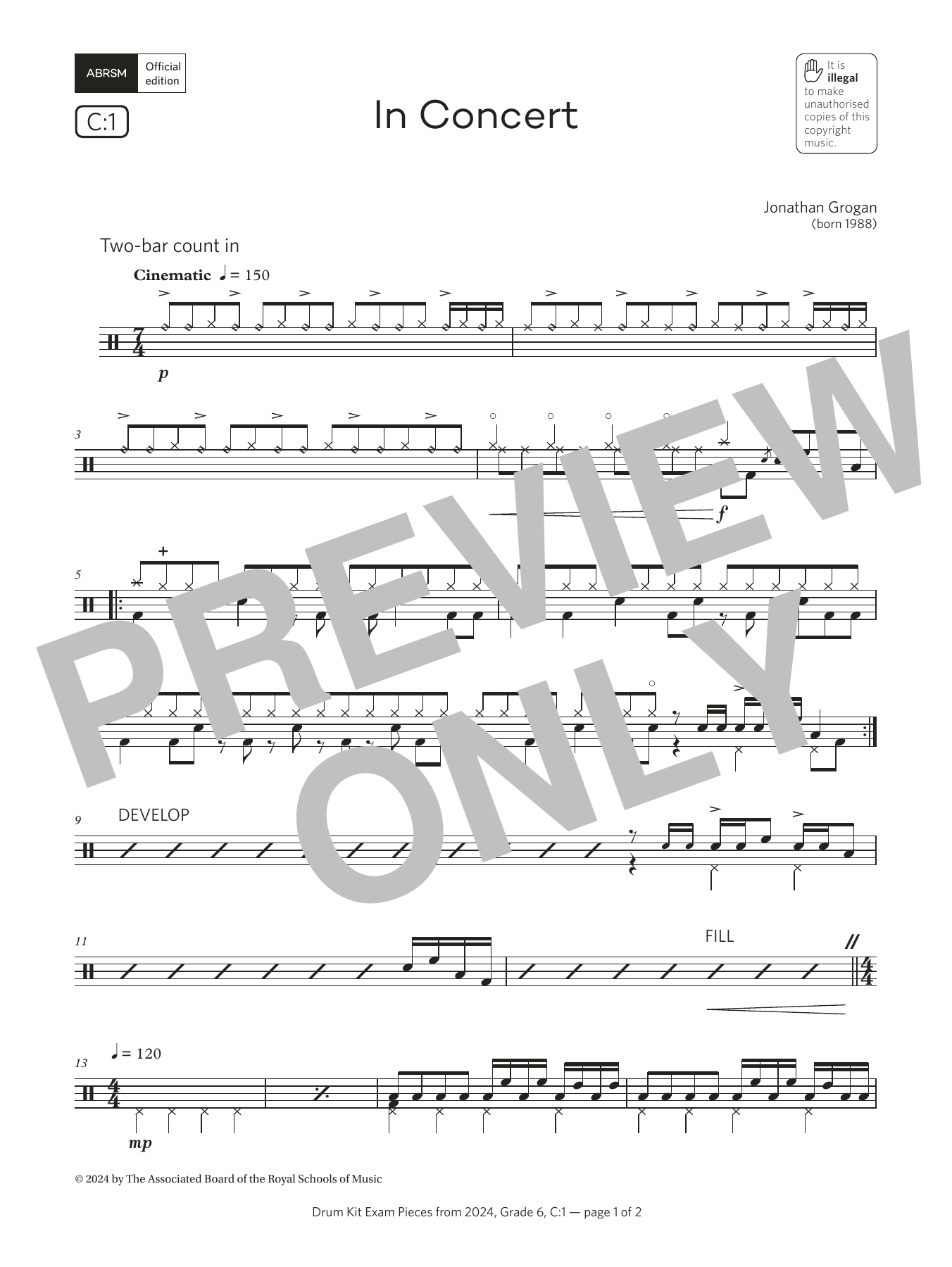 Jonny Grogan In Concert (Grade 6, list C1, from the ABRSM Drum Kit Syllabus 2024) Sheet Music Notes & Chords for Drums - Download or Print PDF