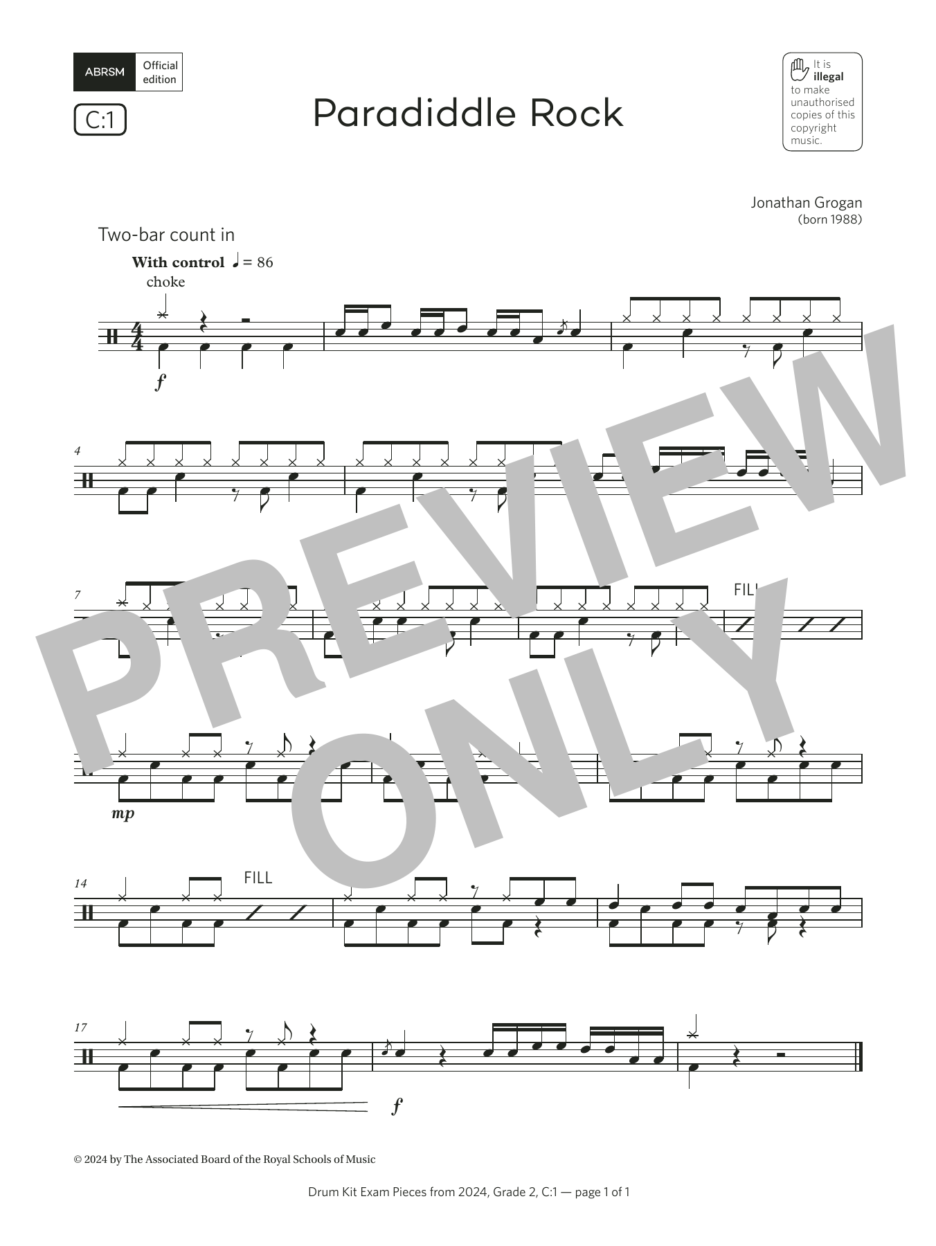 Jonny Grogan Paradiddle Rock (Grade 2, list C1, from the ABRSM Drum Kit Syllabus 2024) Sheet Music Notes & Chords for Drums - Download or Print PDF