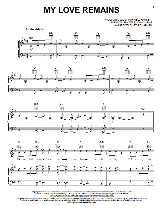 Jonny Lang My Love Remains Sheet Music Notes & Chords for Piano, Vocal & Guitar (Right-Hand Melody) - Download or Print PDF