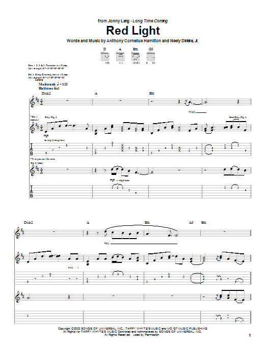 Jonny Lang Red Light Sheet Music Notes & Chords for Guitar Tab - Download or Print PDF