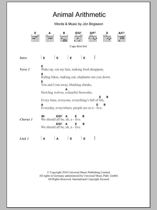 Jonsi Animal Arithmetic Sheet Music Notes & Chords for Lyrics & Chords - Download or Print PDF