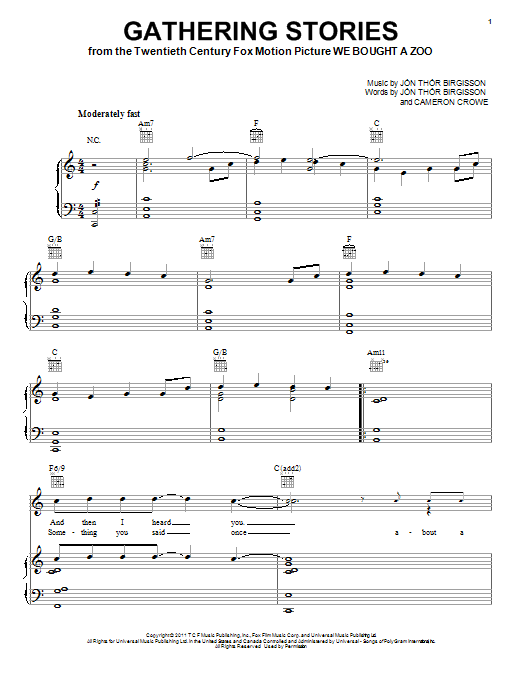 Jonsi Gathering Stories Sheet Music Notes & Chords for Piano, Vocal & Guitar (Right-Hand Melody) - Download or Print PDF