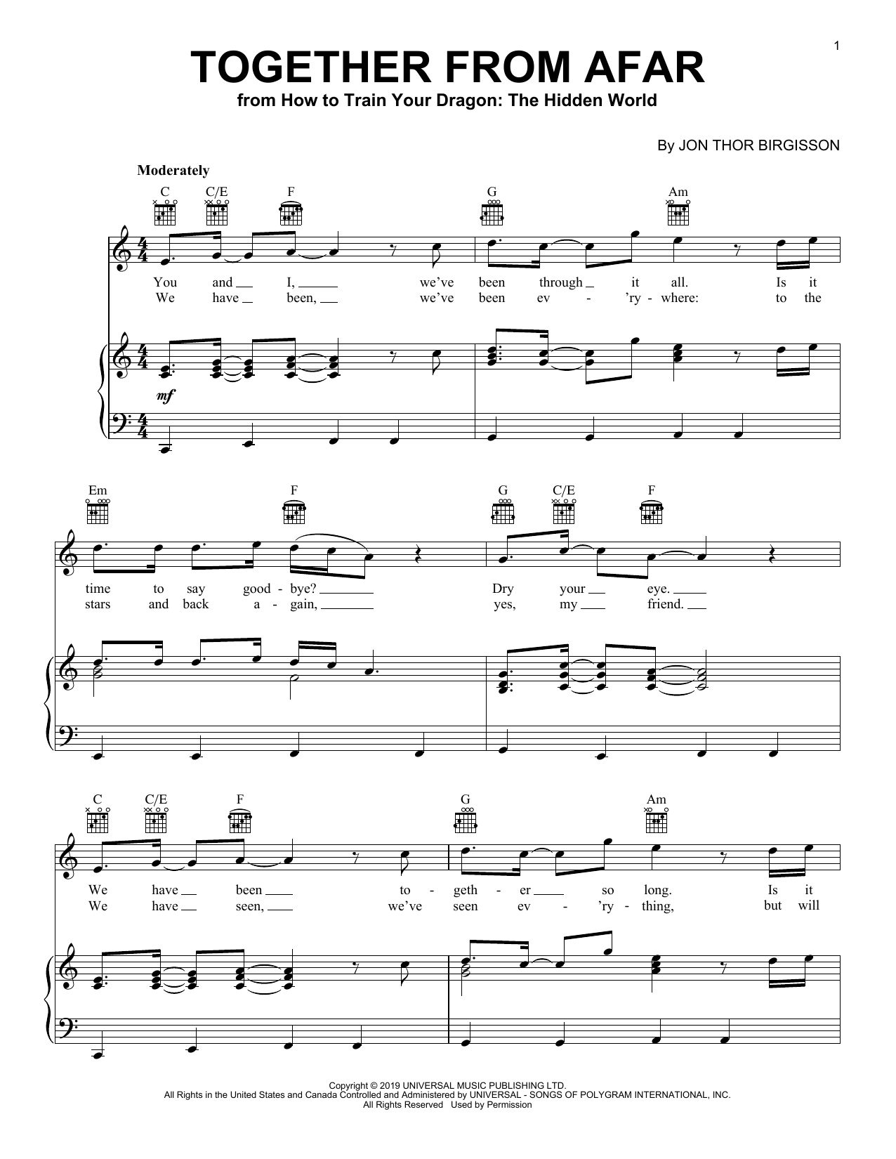 Jonsi Together From Afar (from How to Train Your Dragon: The Hidden World) Sheet Music Notes & Chords for Piano Solo - Download or Print PDF