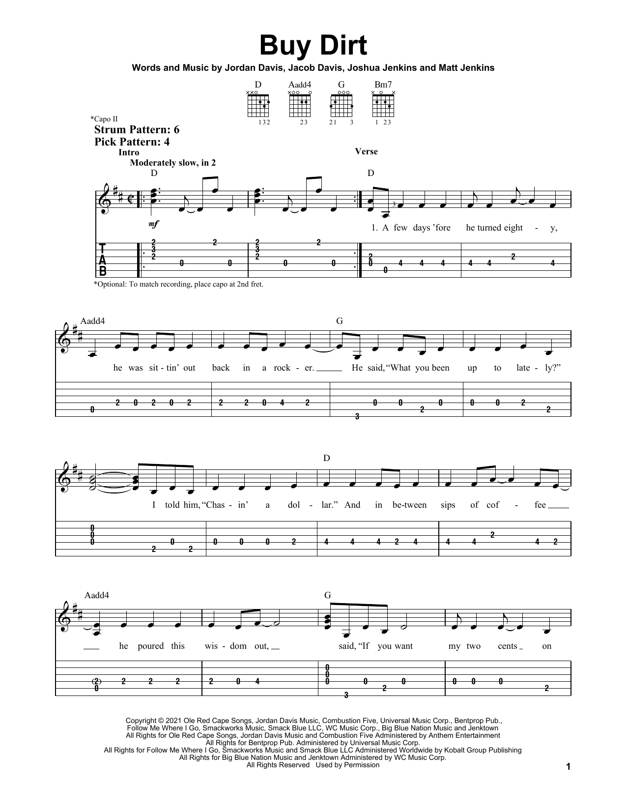 Jordan Davis and Luke Bryan Buy Dirt Sheet Music Notes & Chords for Easy Guitar Tab - Download or Print PDF