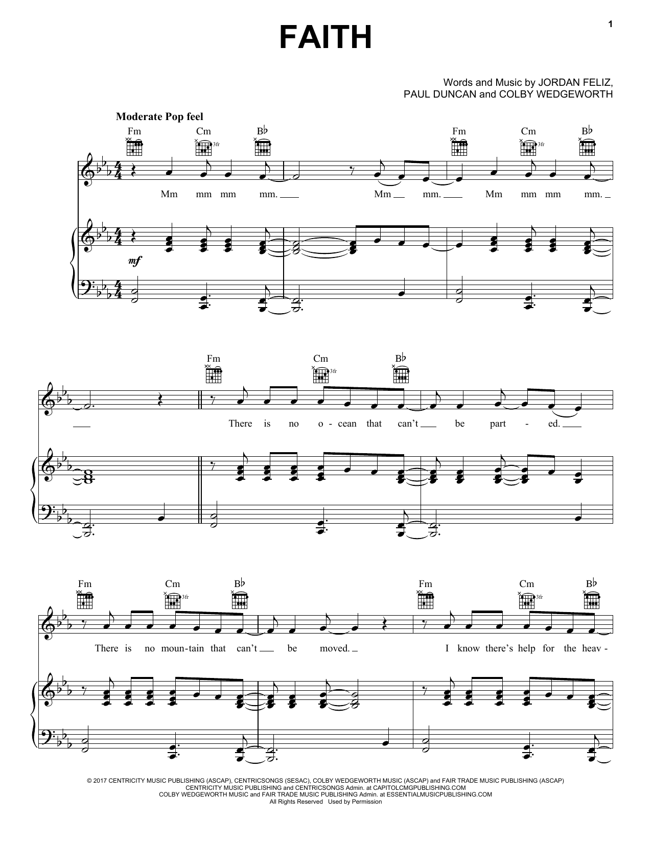 Jordan Feliz Faith Sheet Music Notes & Chords for Piano, Vocal & Guitar (Right-Hand Melody) - Download or Print PDF