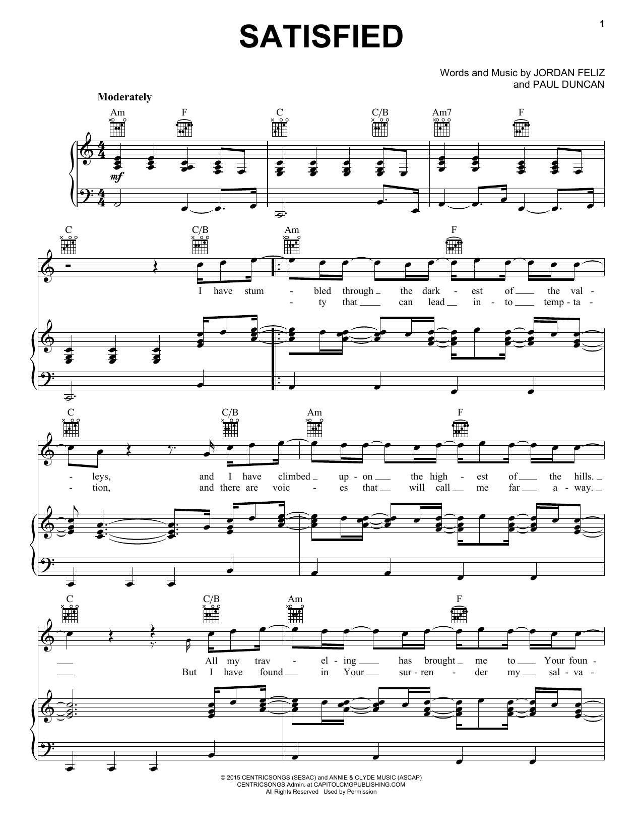 Jordan Feliz Satisfied Sheet Music Notes & Chords for Piano, Vocal & Guitar (Right-Hand Melody) - Download or Print PDF
