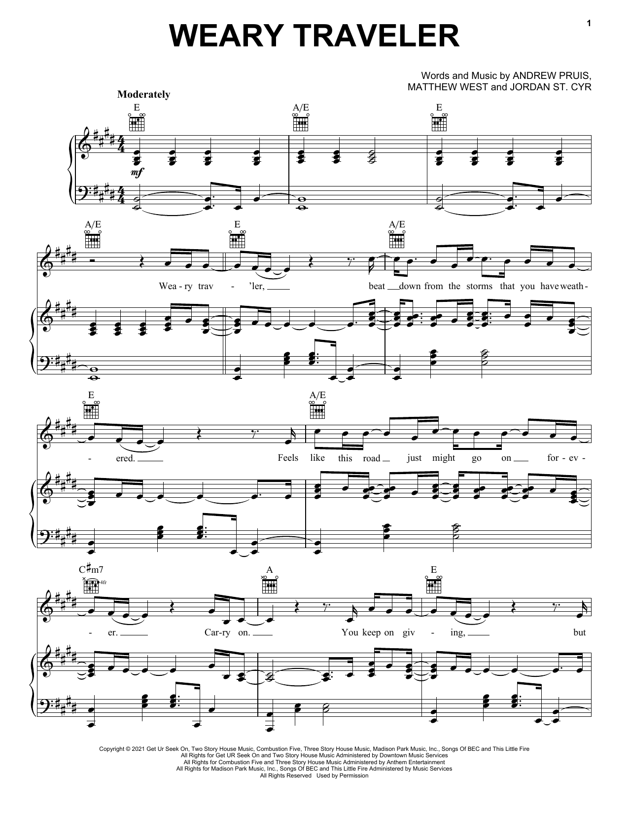 Jordan St. Cyr Weary Traveler Sheet Music Notes & Chords for Piano, Vocal & Guitar Chords (Right-Hand Melody) - Download or Print PDF