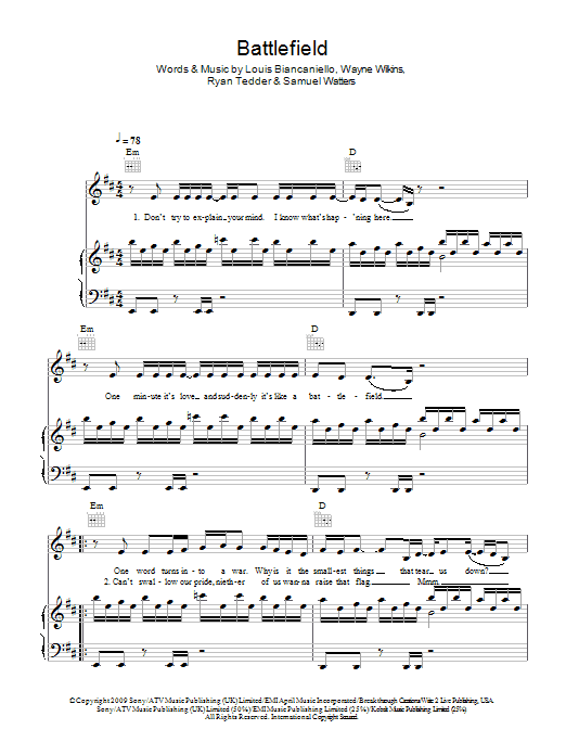 Jordin Sparks Battlefield Sheet Music Notes & Chords for Piano, Vocal & Guitar - Download or Print PDF