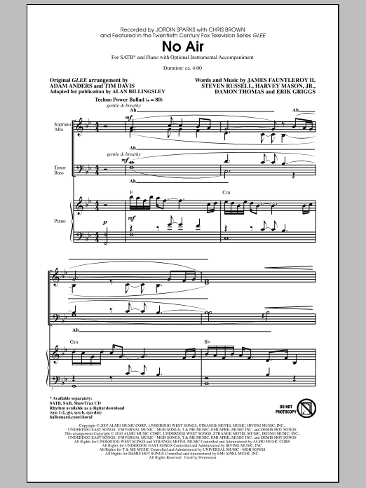 Jordin Sparks No Air (from Glee) (adapt. Alan Billingsley) Sheet Music Notes & Chords for SATB - Download or Print PDF