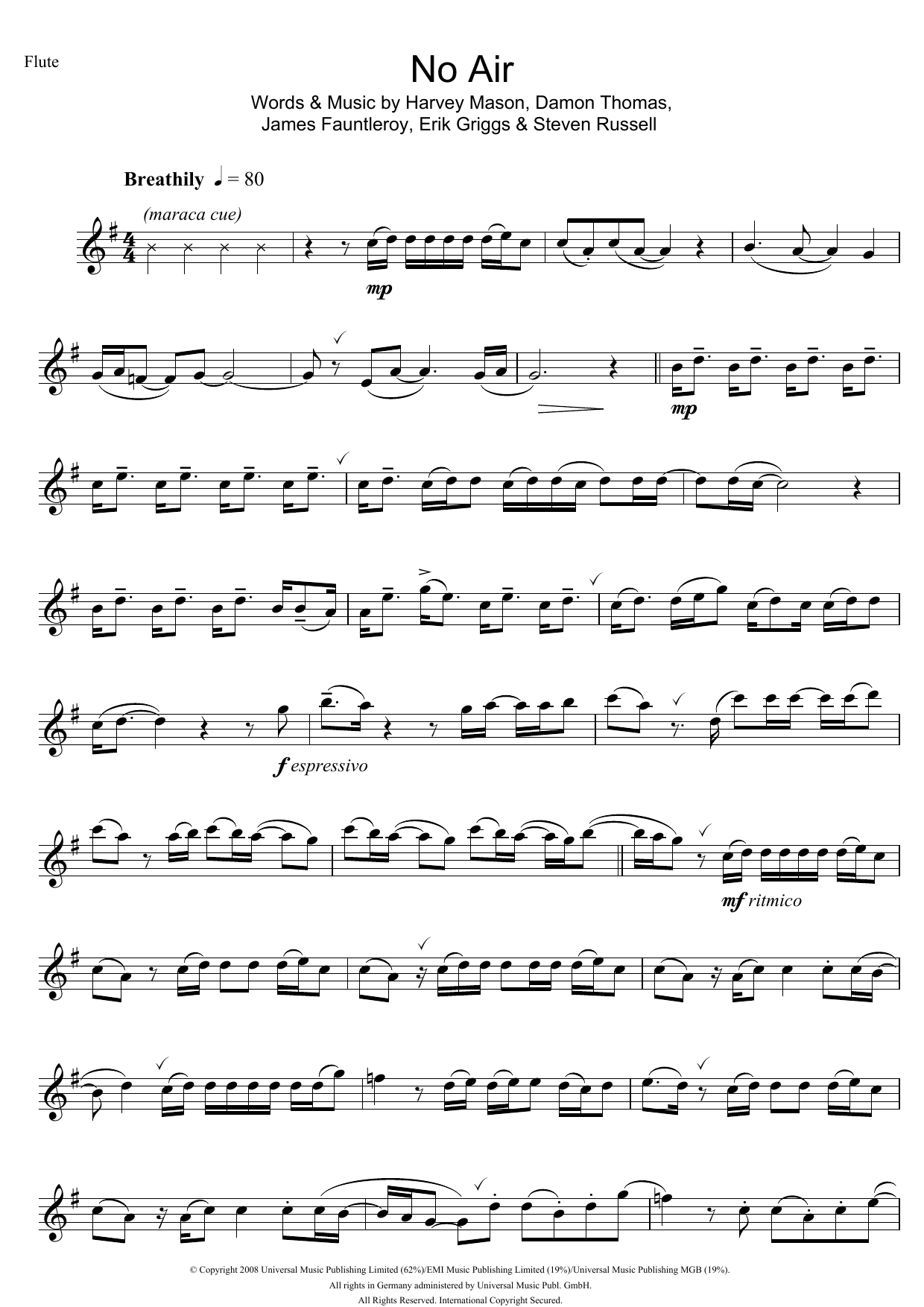 Jordin Sparks No Air Sheet Music Notes & Chords for Flute - Download or Print PDF