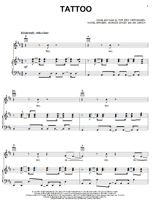 Jordin Sparks Tattoo Sheet Music Notes & Chords for Piano, Vocal & Guitar (Right-Hand Melody) - Download or Print PDF