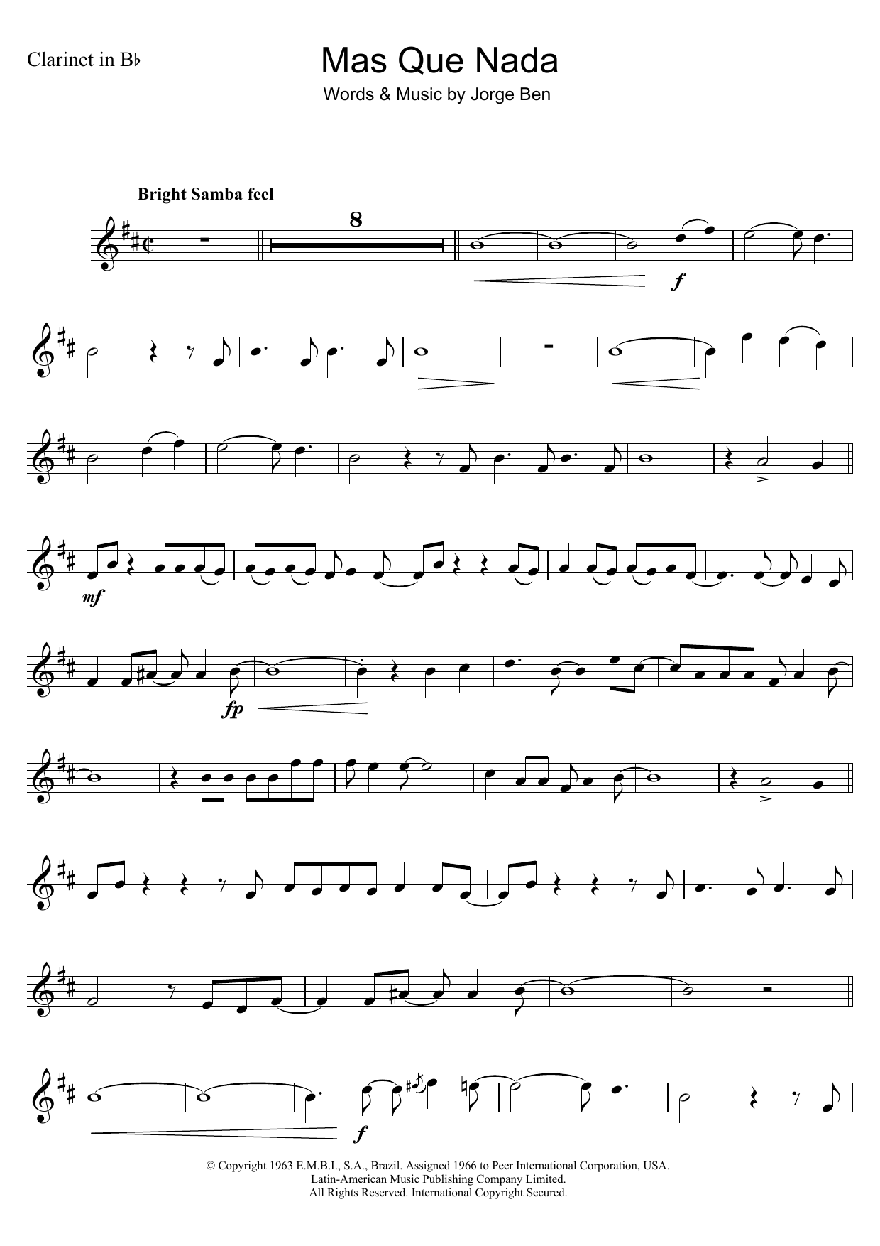 Jorge Ben Mas Que Nada (Say No More) Sheet Music Notes & Chords for Clarinet - Download or Print PDF