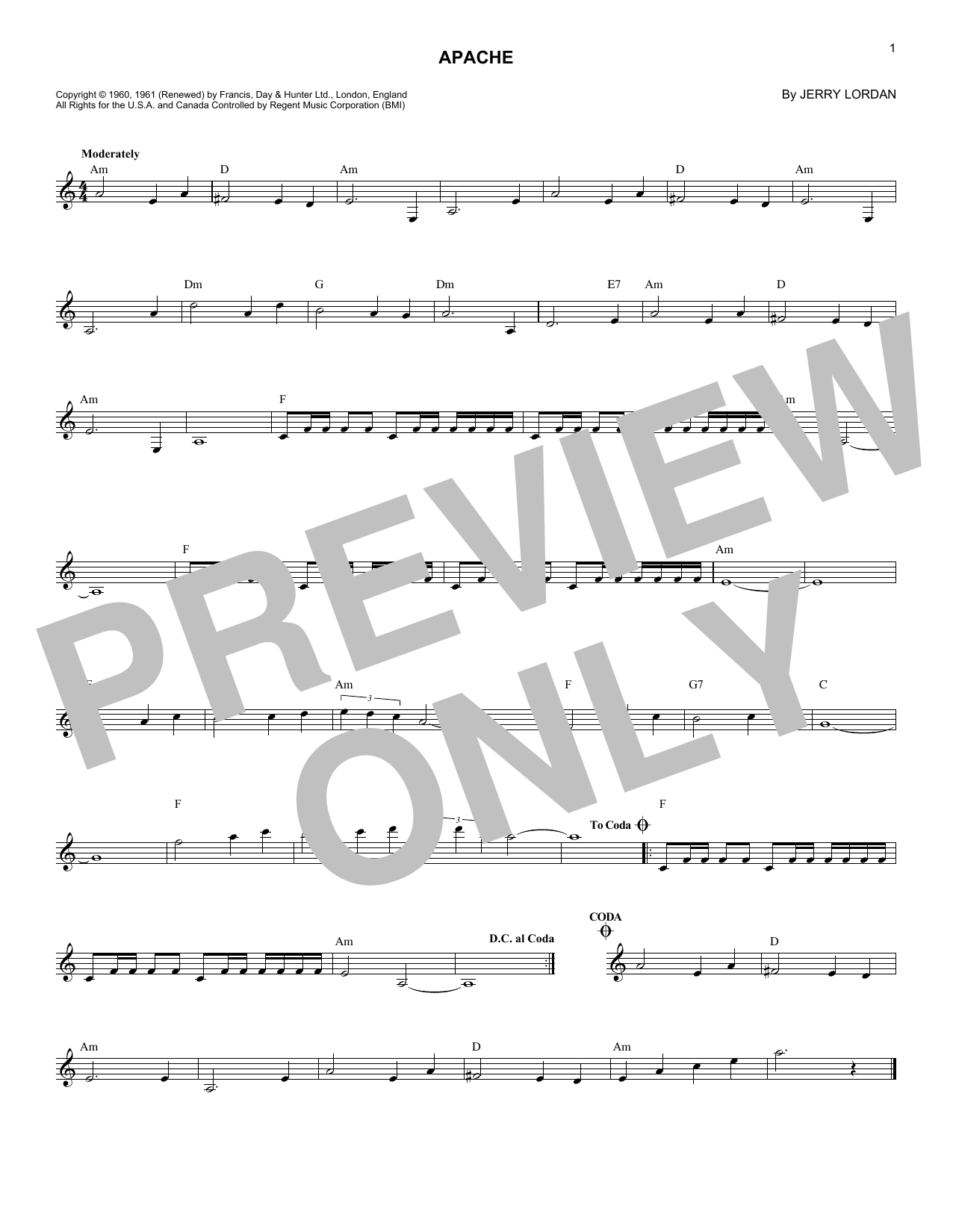 Jorgen Ingmann Apache Sheet Music Notes & Chords for Melody Line, Lyrics & Chords - Download or Print PDF
