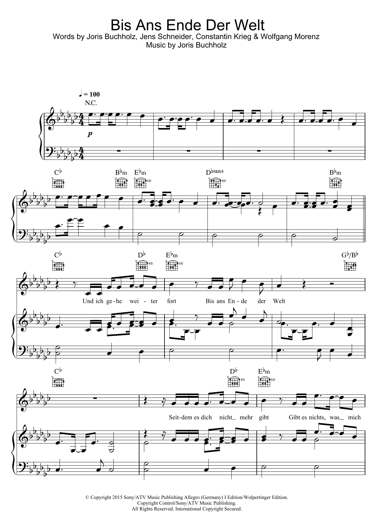 Joris Bis Ans Ende Der Welt Sheet Music Notes & Chords for Piano, Vocal & Guitar (Right-Hand Melody) - Download or Print PDF