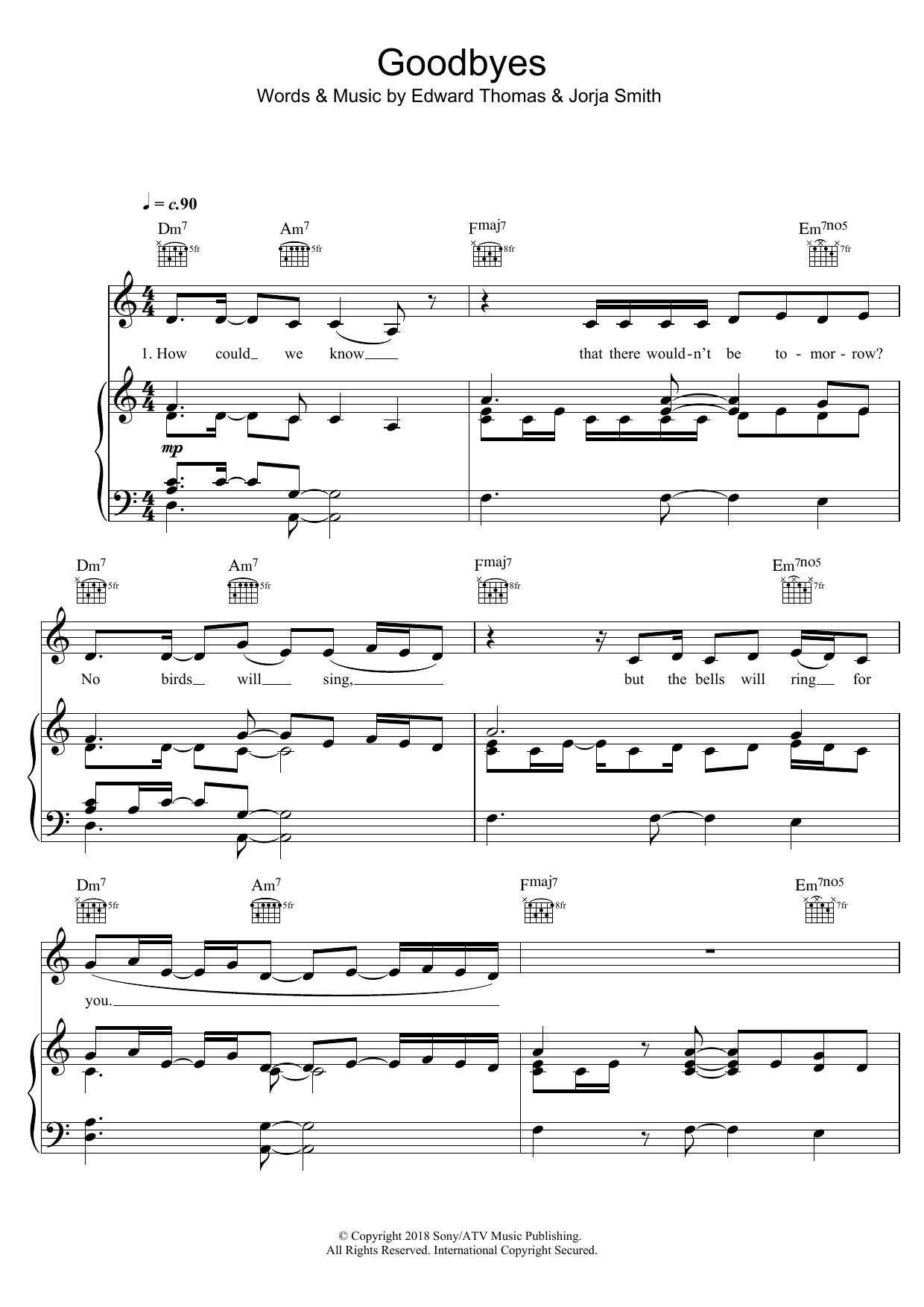 Jorja Smith Goodbyes Sheet Music Notes & Chords for Piano, Vocal & Guitar (Right-Hand Melody) - Download or Print PDF