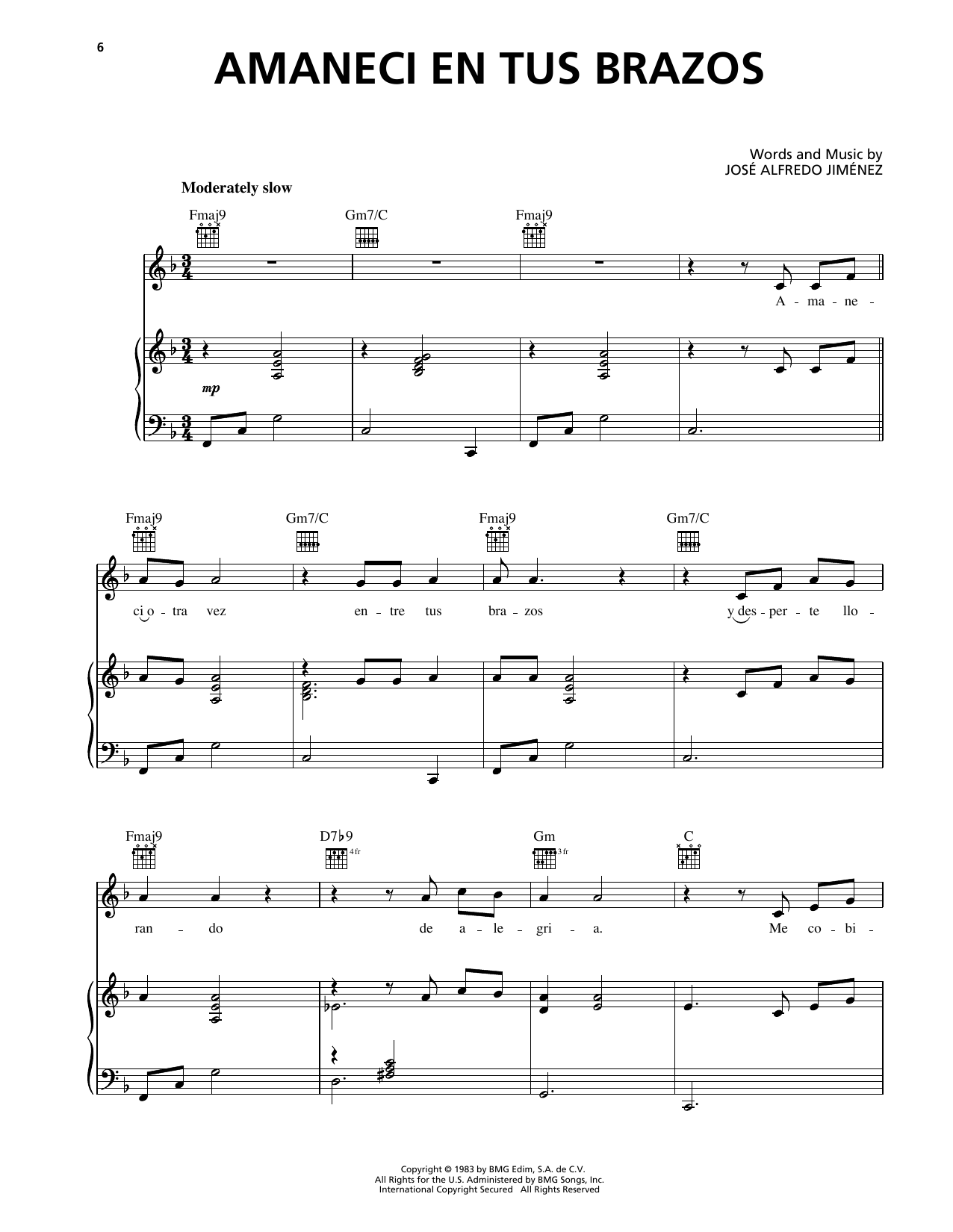 Jose Alfredo Jimenez Amaneci En Tus Brazos Sheet Music Notes & Chords for Piano, Vocal & Guitar Chords (Right-Hand Melody) - Download or Print PDF Jose Alfredo Jimenez Amaneci En Tus Brazos Sheet Music Notes & Chords for Piano, Vocal & Guitar Chords (Right-Hand Melody) - Download or Print PDF