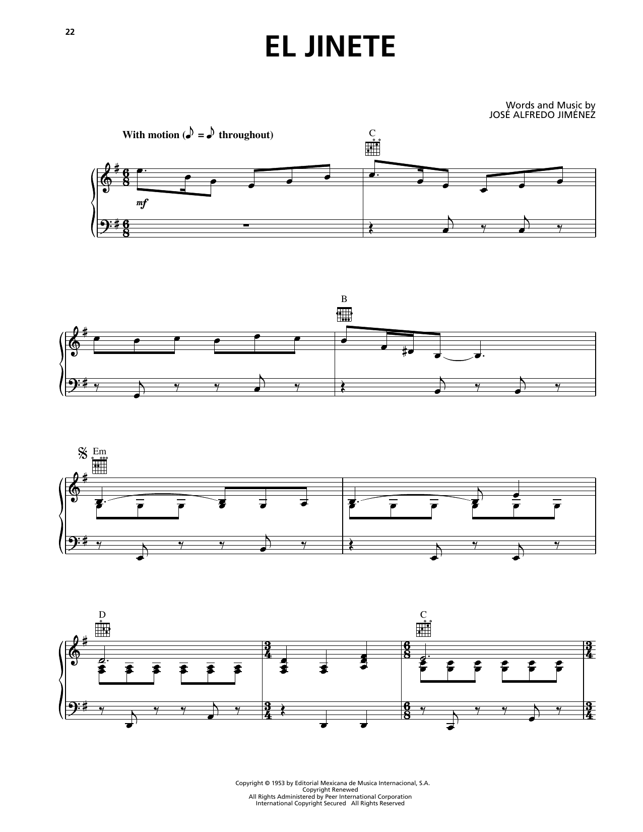 Jose Alfredo Jimenez El Jinete Sheet Music Notes & Chords for Piano, Vocal & Guitar Chords (Right-Hand Melody) - Download or Print PDF Jose Alfredo Jimenez El Jinete Sheet Music Notes & Chords for Piano, Vocal & Guitar Chords (Right-Hand Melody) - Download or Print PDF