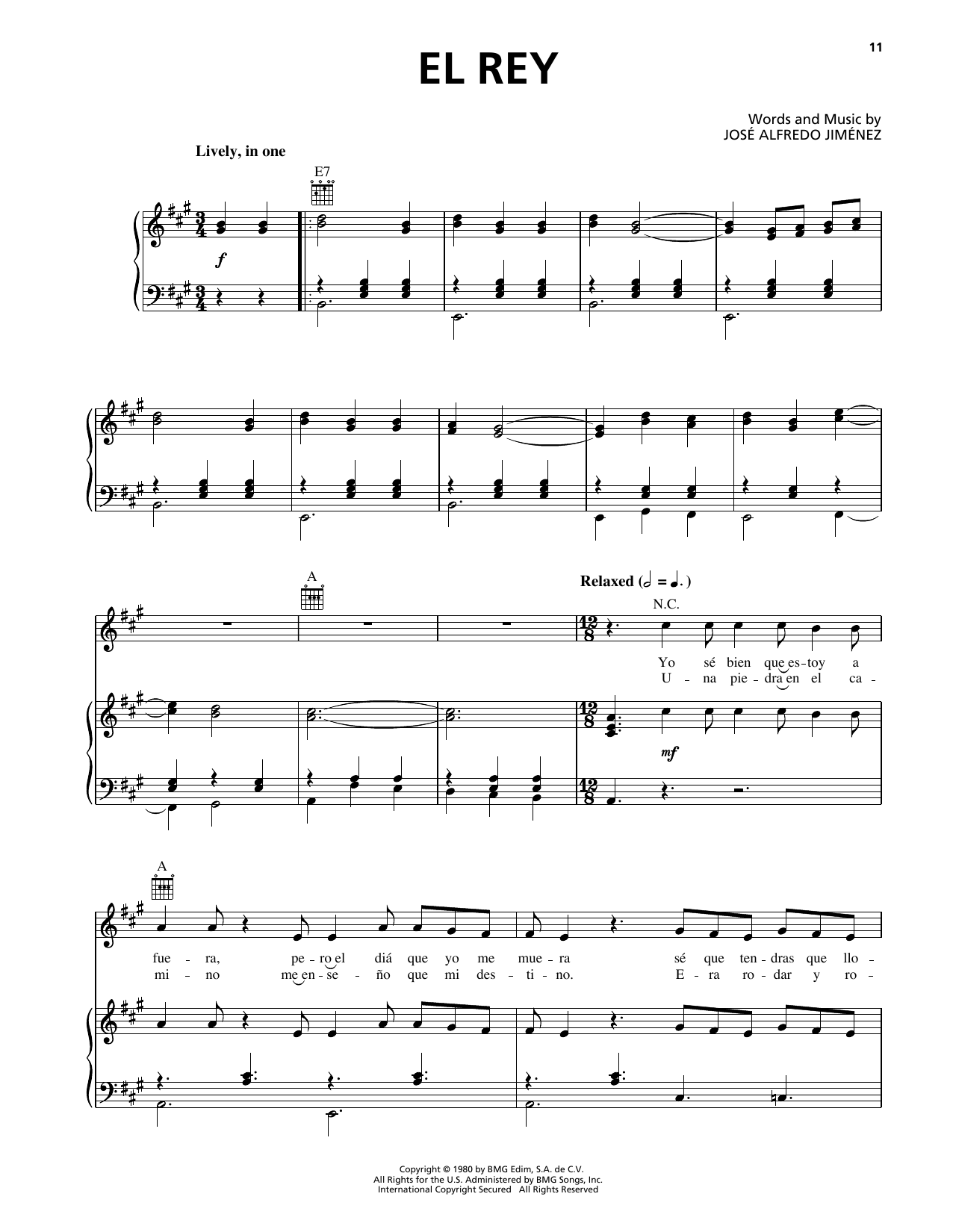 Jose Alfredo Jimenez El Rey Sheet Music Notes & Chords for Piano, Vocal & Guitar Chords (Right-Hand Melody) - Download or Print PDF Jose Alfredo Jimenez El Rey Sheet Music Notes & Chords for Piano, Vocal & Guitar Chords (Right-Hand Melody) - Download or Print PDF