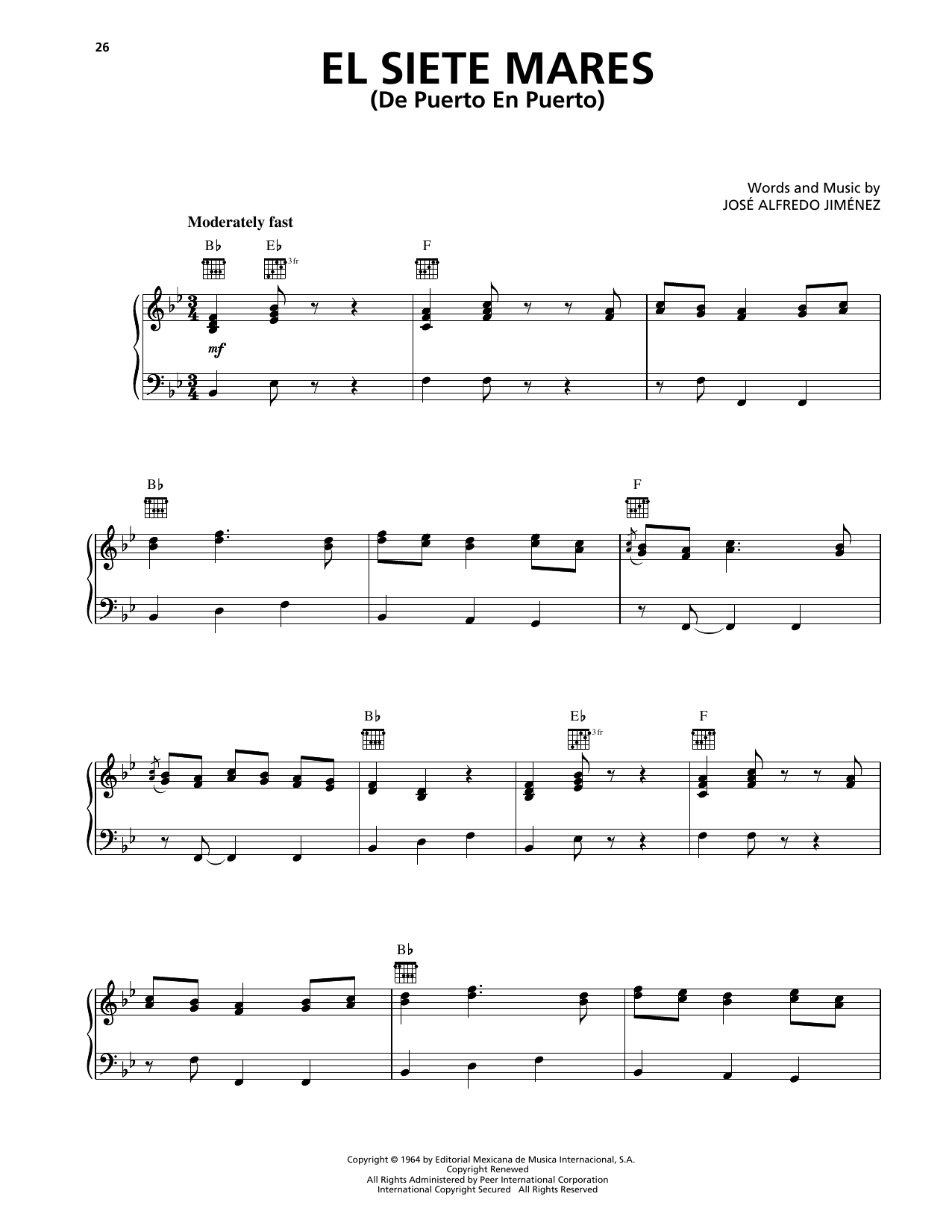 Jose Alfredo Jimenez El Siete Mares (De Puerto En Puerto) Sheet Music Notes & Chords for Piano, Vocal & Guitar Chords (Right-Hand Melody) - Download or Print PDF
