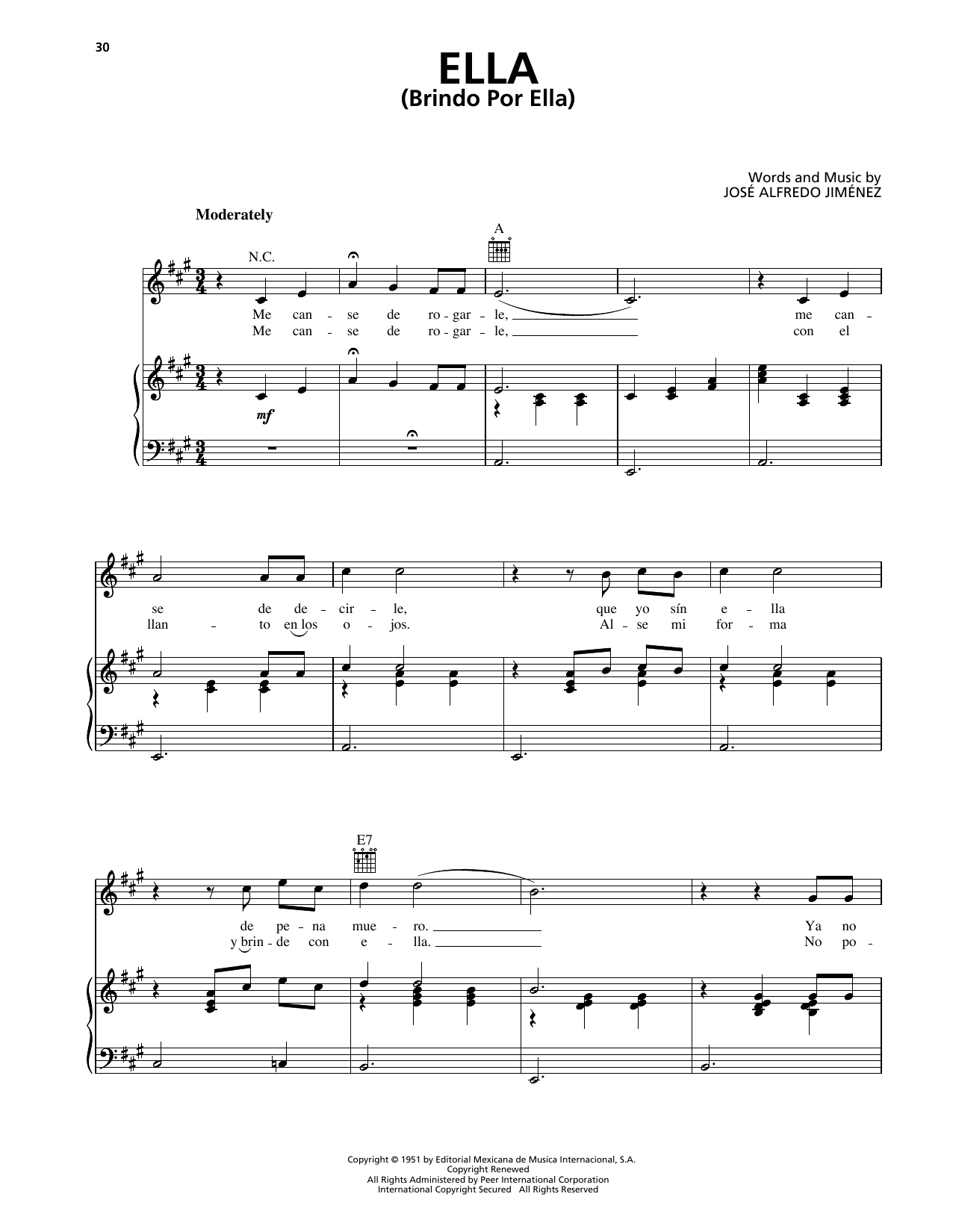 Jose Alfredo Jimenez Ella (Brindo Por Ella) Sheet Music Notes & Chords for Piano, Vocal & Guitar Chords (Right-Hand Melody) - Download or Print PDF Jose Alfredo Jimenez Ella (Brindo Por Ella) Sheet Music Notes & Chords for Piano, Vocal & Guitar Chords (Right-Hand Melody) - Download or Print PDF