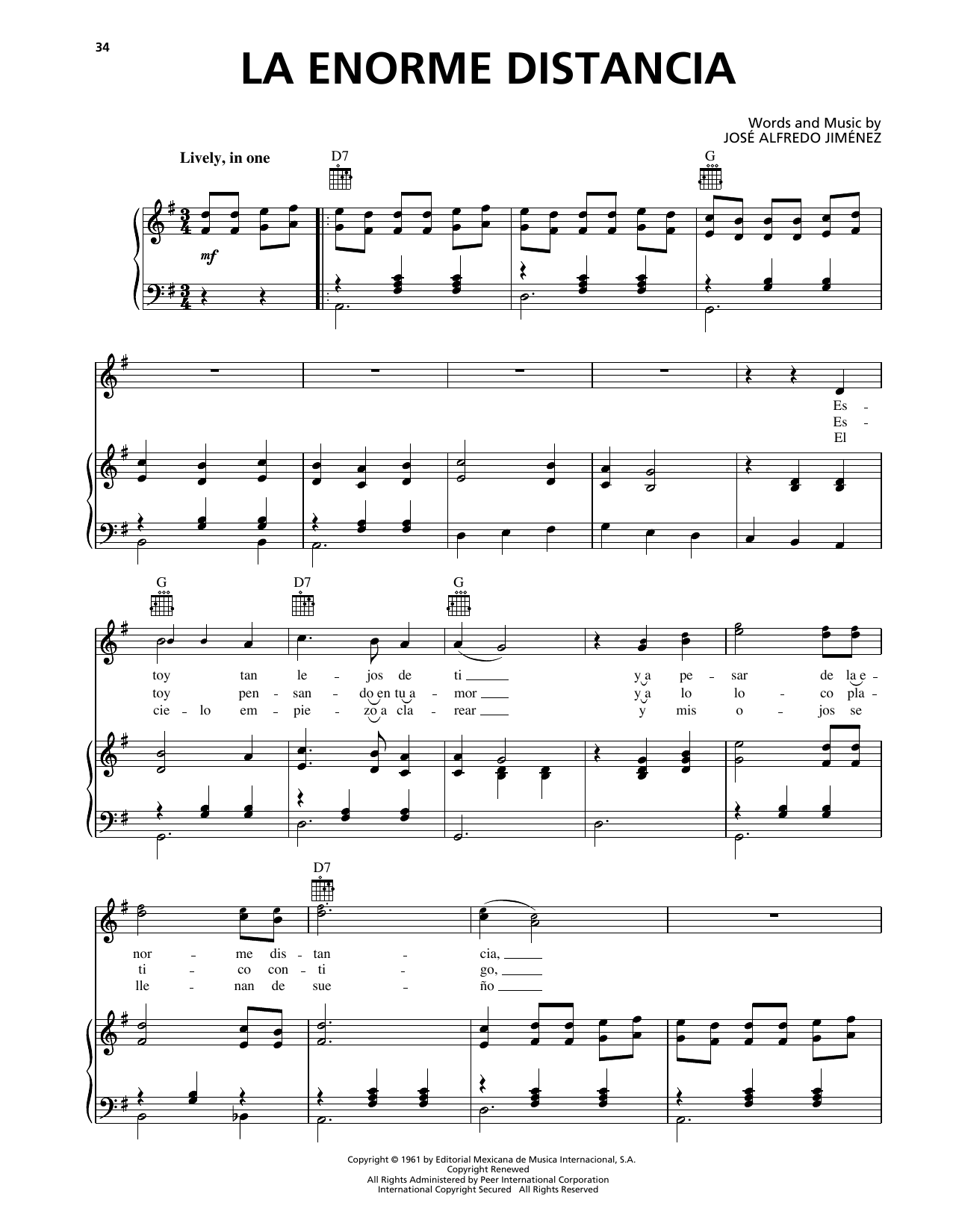 Jose Alfredo Jimenez La Enorme Distancia Sheet Music Notes & Chords for Piano, Vocal & Guitar Chords (Right-Hand Melody) - Download or Print PDF Jose Alfredo Jimenez La Enorme Distancia Sheet Music Notes & Chords for Piano, Vocal & Guitar Chords (Right-Hand Melody) - Download or Print PDF