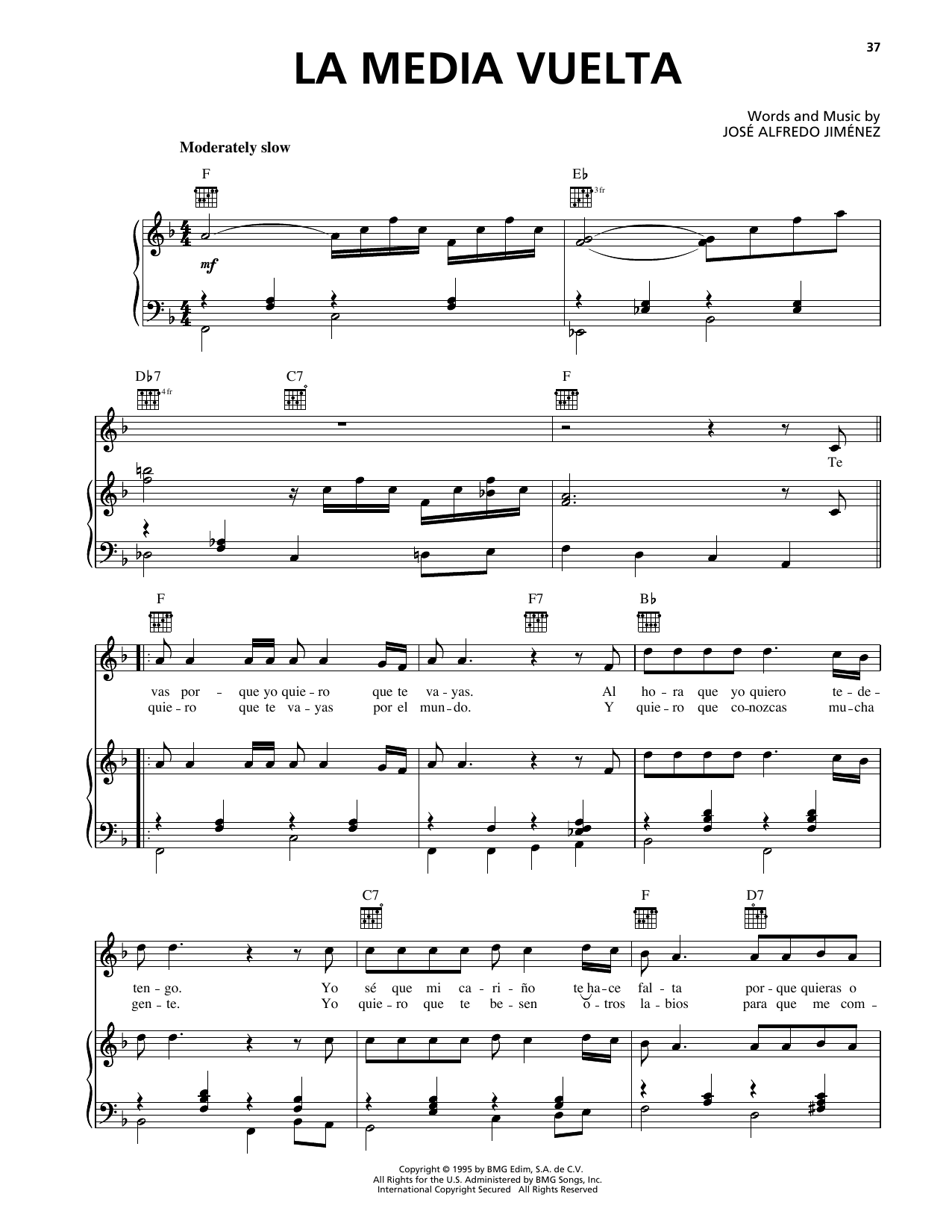 Jose Alfredo Jimenez La Media Vuelta Sheet Music Notes & Chords for Piano, Vocal & Guitar (Right-Hand Melody) - Download or Print PDF