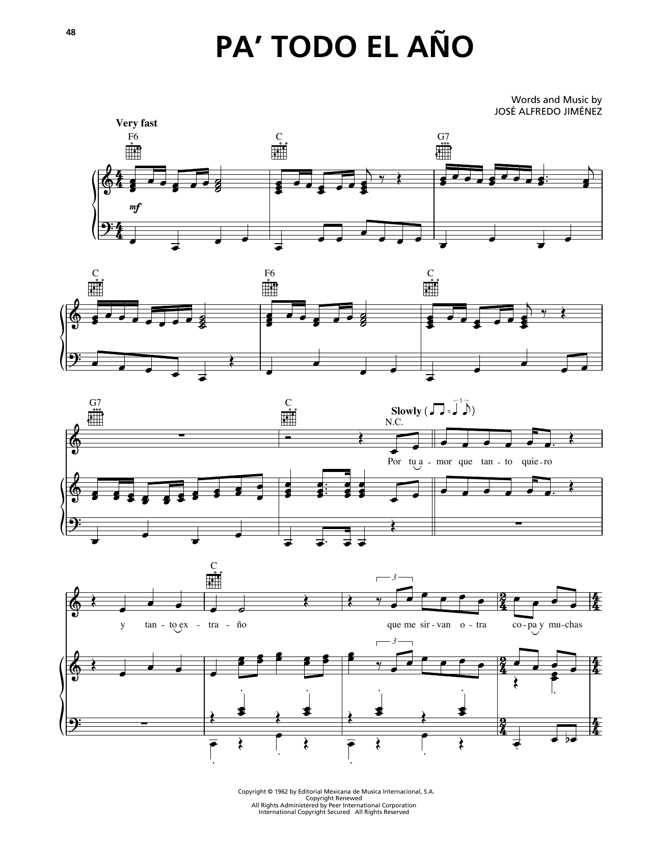 José Alfredo Jiménez Pa' Todo El Ano Sheet Music Notes & Chords for Piano, Vocal & Guitar (Right-Hand Melody) - Download or Print PDF