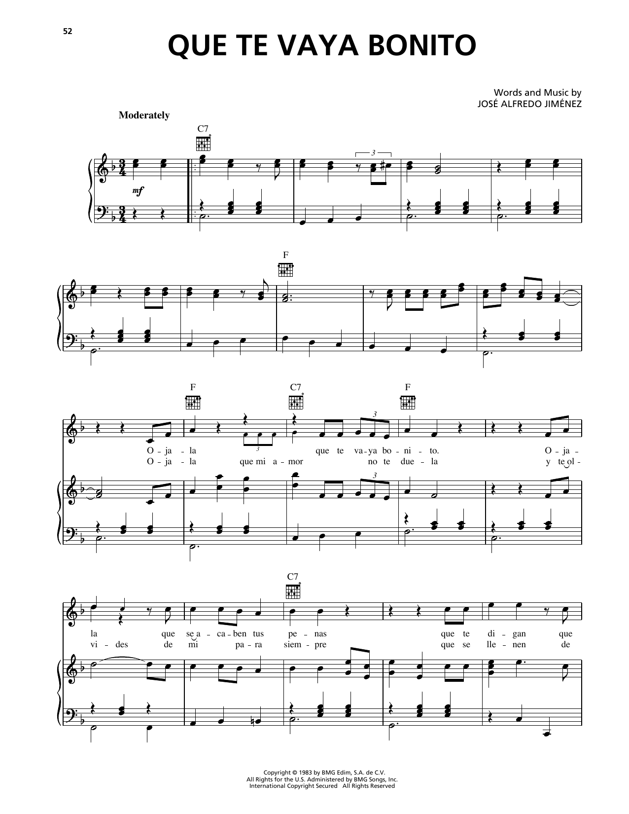 Jose Alfredo Jimenez Que Te Vaya Bonito Sheet Music Notes & Chords for Piano, Vocal & Guitar Chords (Right-Hand Melody) - Download or Print PDF Jose Alfredo Jimenez Que Te Vaya Bonito Sheet Music Notes & Chords for Piano, Vocal & Guitar Chords (Right-Hand Melody) - Download or Print PDF