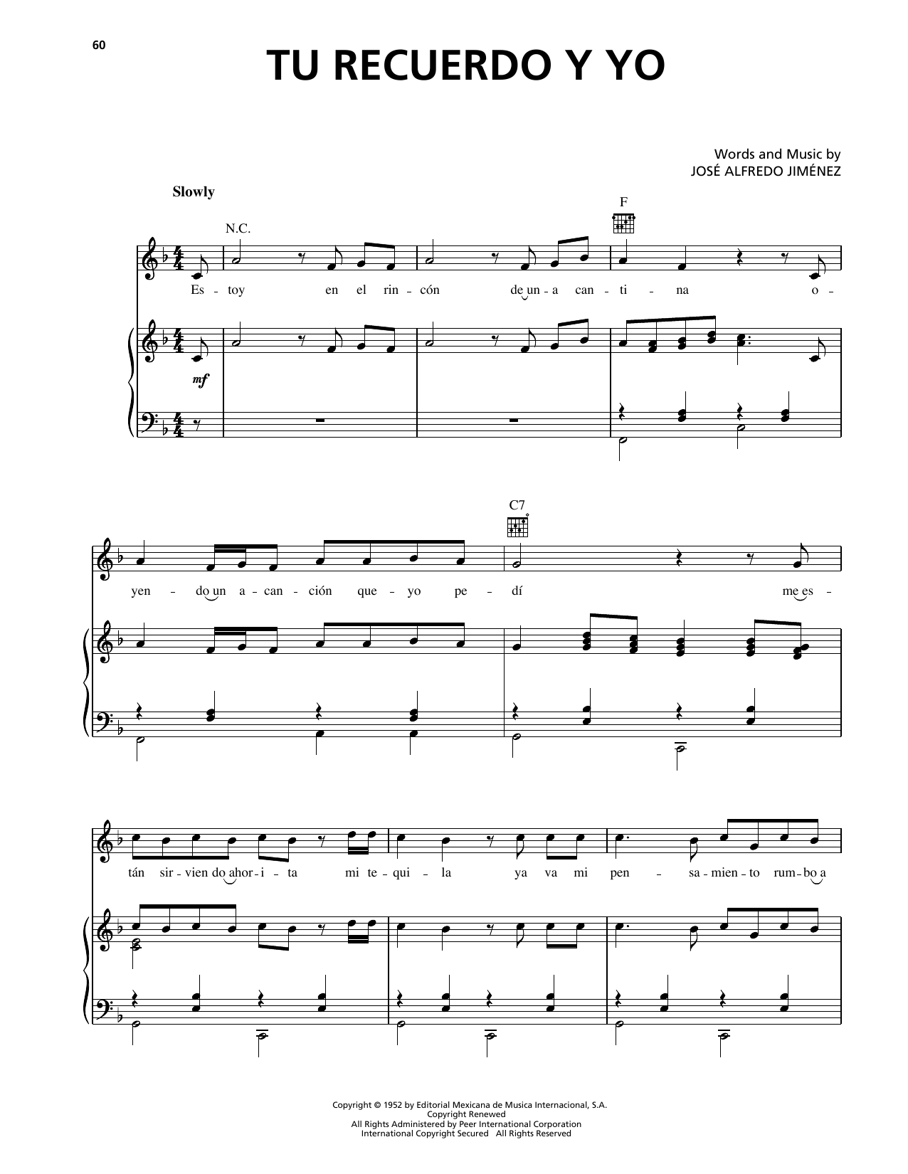 Jose Alfredo Jimenez Tu Recuerdo Y Yo Sheet Music Notes & Chords for Piano, Vocal & Guitar Chords (Right-Hand Melody) - Download or Print PDF