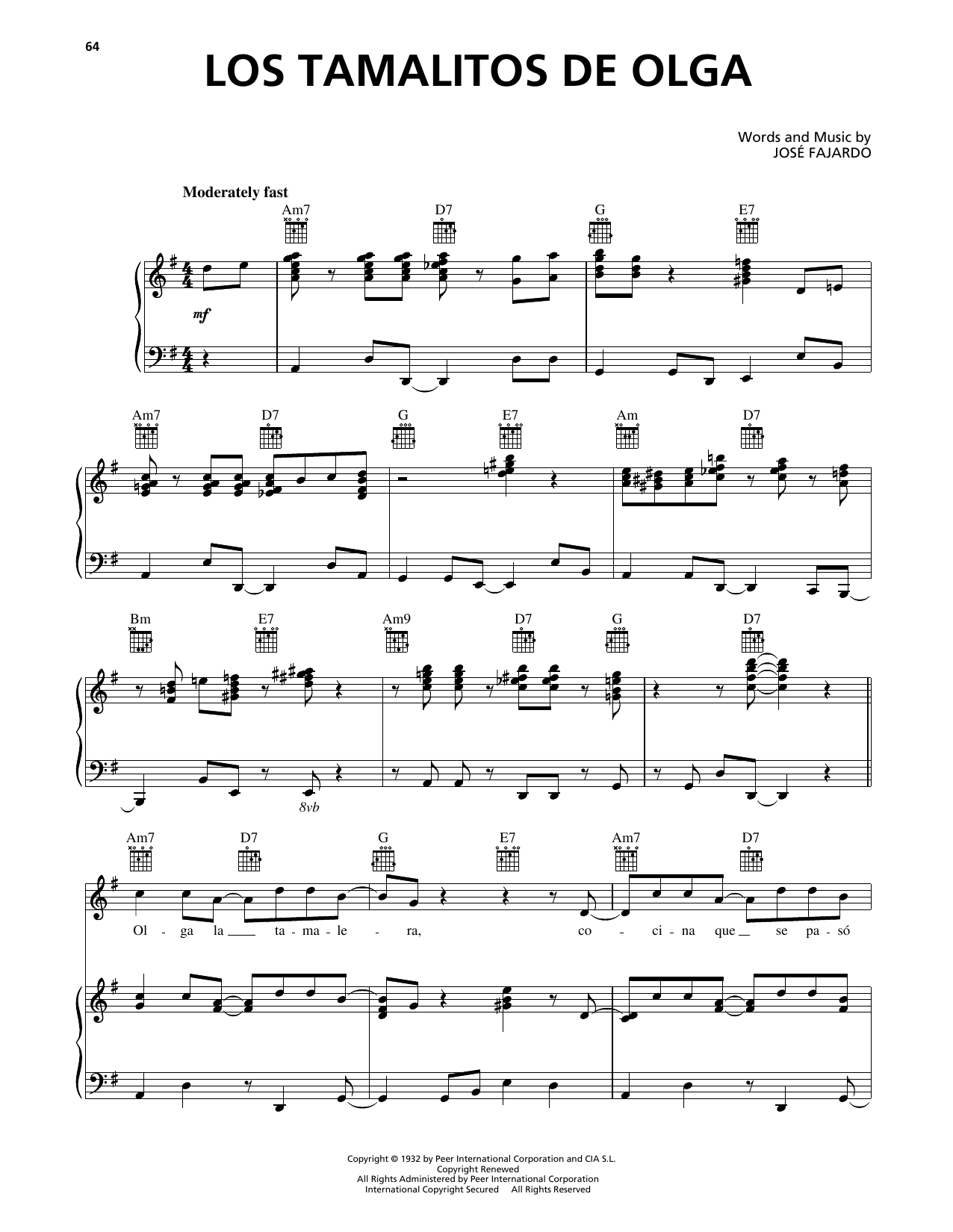 Jose Fajardo Los Tamalitos de Olga Sheet Music Notes & Chords for Piano, Vocal & Guitar Chords (Right-Hand Melody) - Download or Print PDF