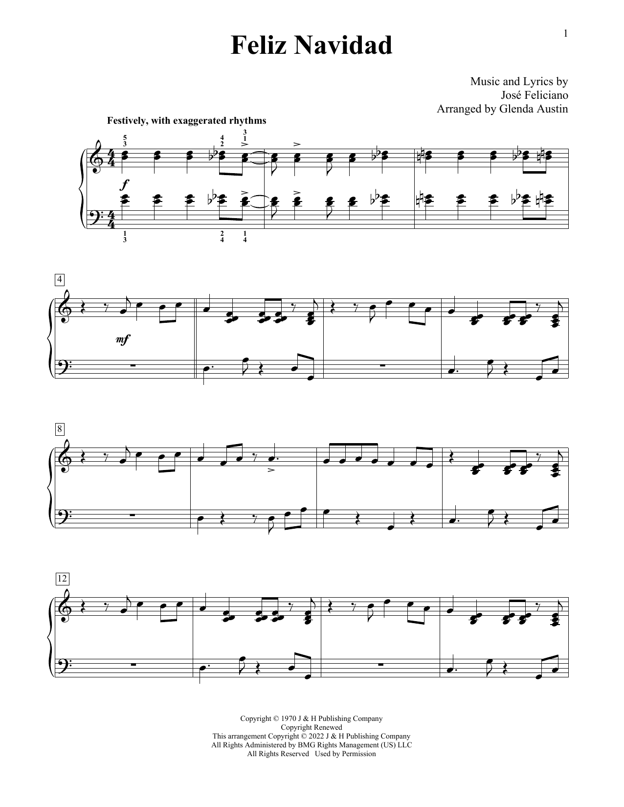 Jose Feliciano Feliz Navidad (arr. Glenda Austin) Sheet Music Notes & Chords for Educational Piano - Download or Print PDF