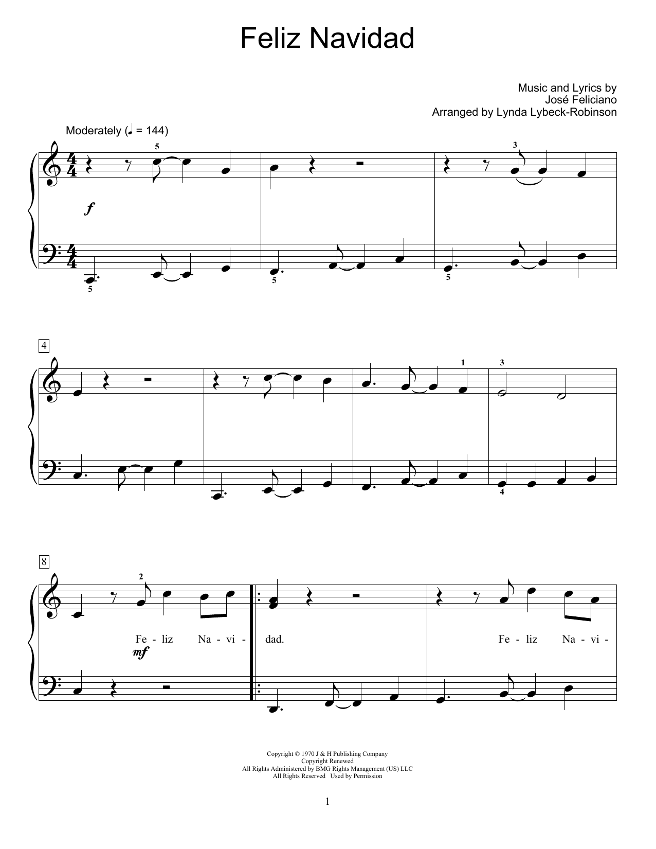 Jose Feliciano Feliz Navidad (arr. Lynda Lybeck-Robinson) Sheet Music Notes & Chords for Educational Piano - Download or Print PDF