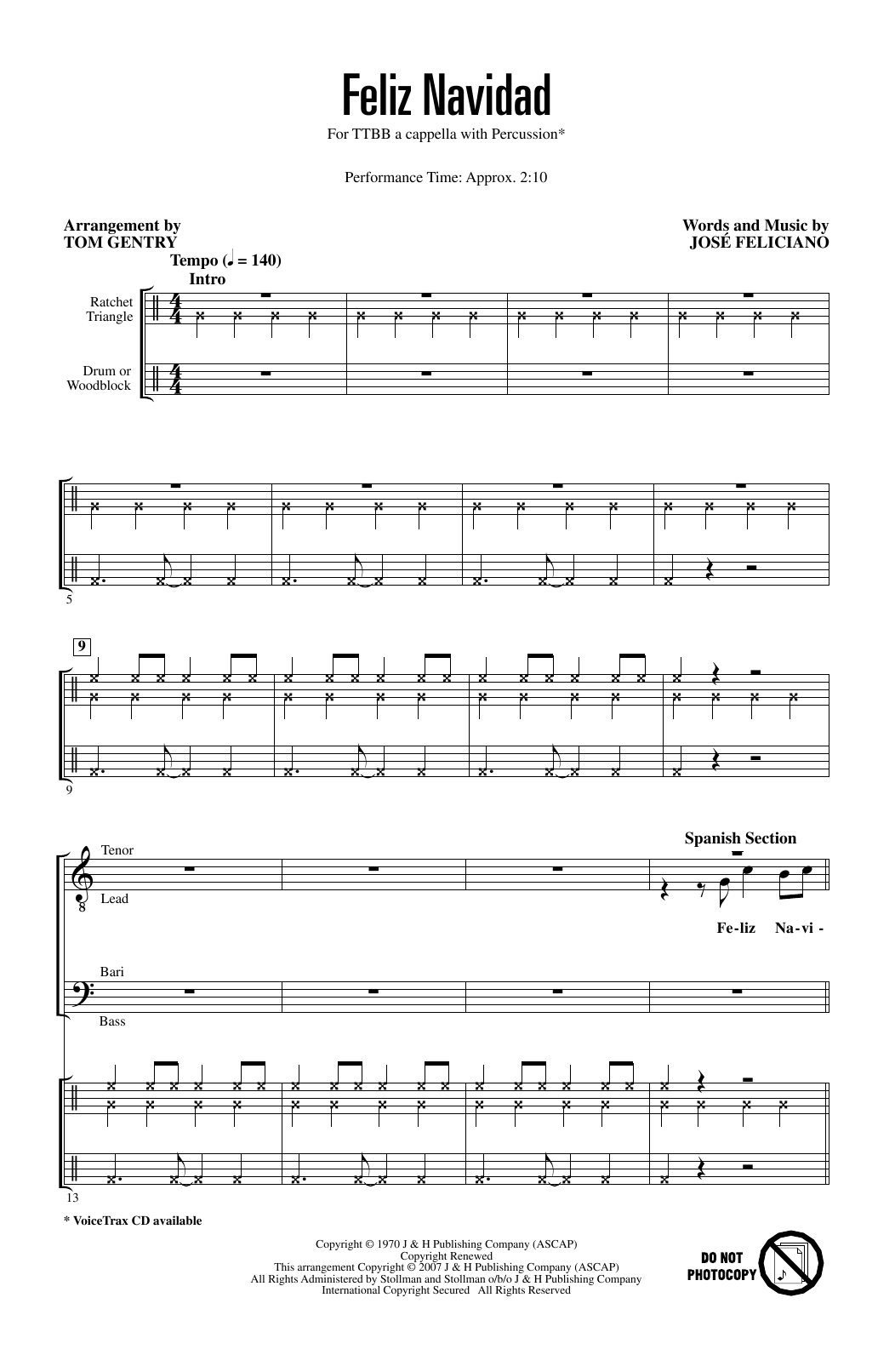 Jose Feliciano Feliz Navidad (arr. Tom Gentry, David Briner) Sheet Music Notes & Chords for TTBB Choir - Download or Print PDF
