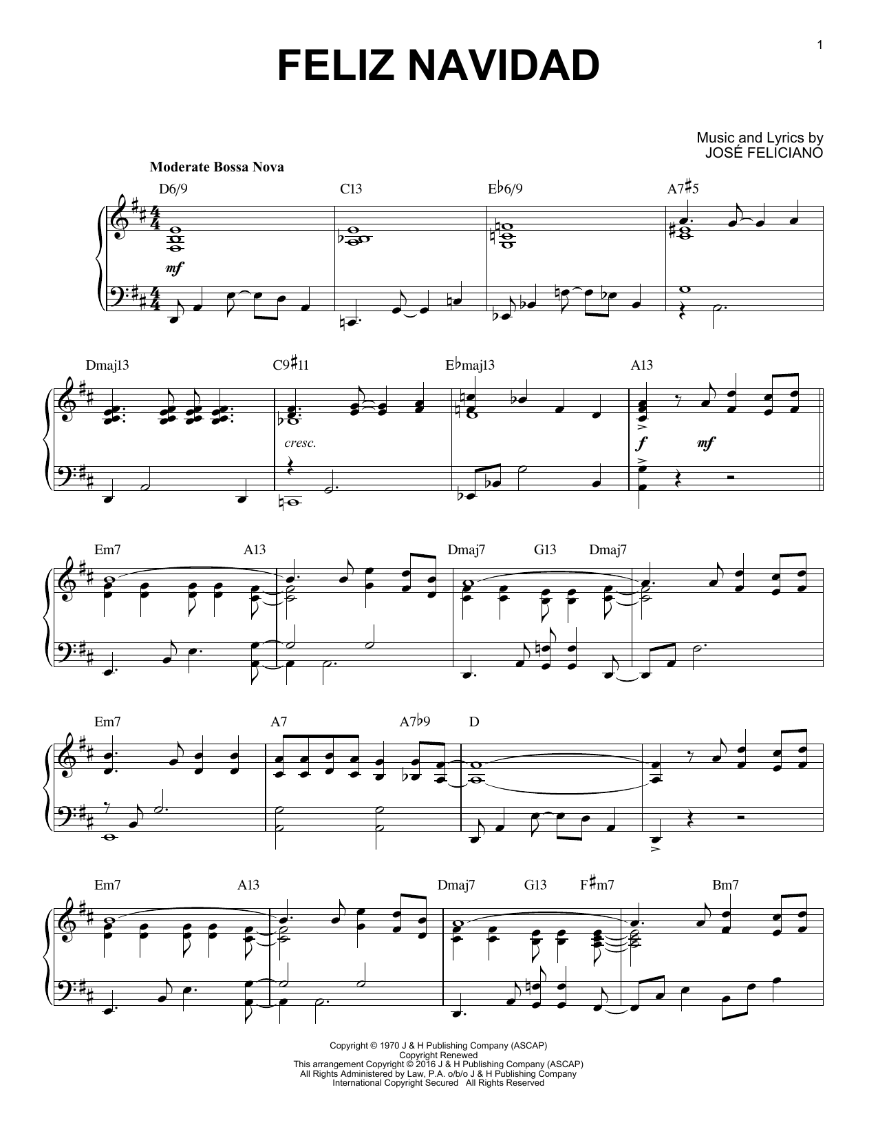 Jose Feliciano Feliz Navidad [Jazz version] (arr. Brent Edstrom) Sheet Music Notes & Chords for Piano - Download or Print PDF
