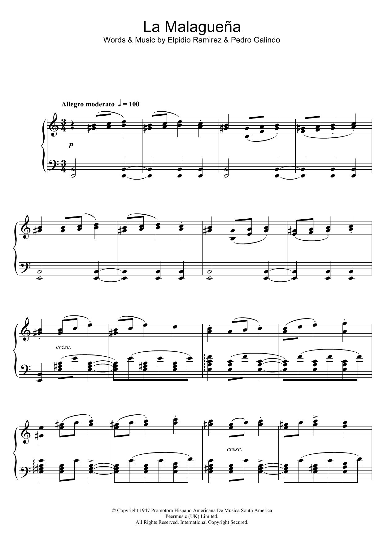 Jose Feliciano La Malaguena Sheet Music Notes & Chords for Piano - Download or Print PDF