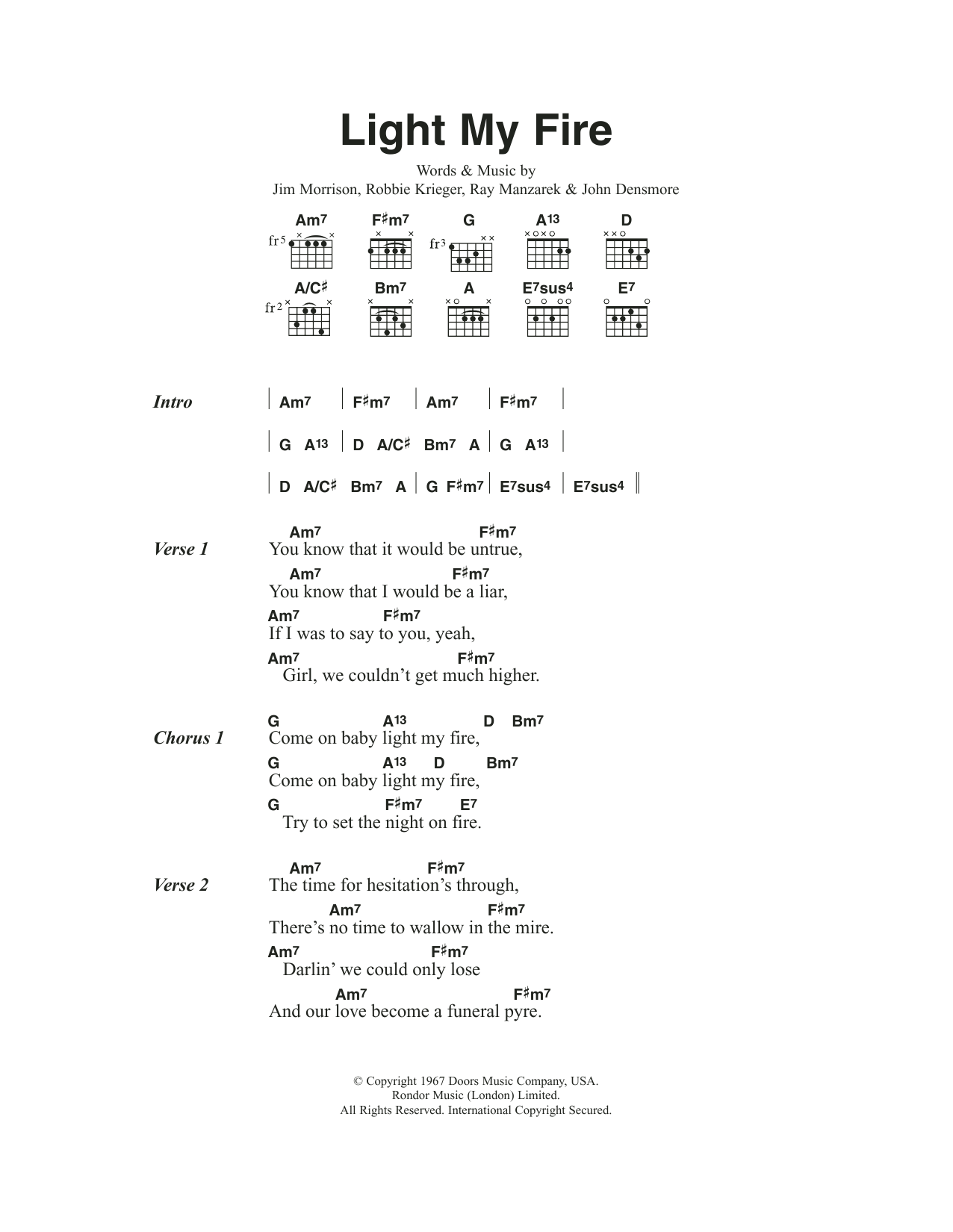 Jose Feliciano Light My Fire Sheet Music Notes & Chords for Lyrics & Chords - Download or Print PDF