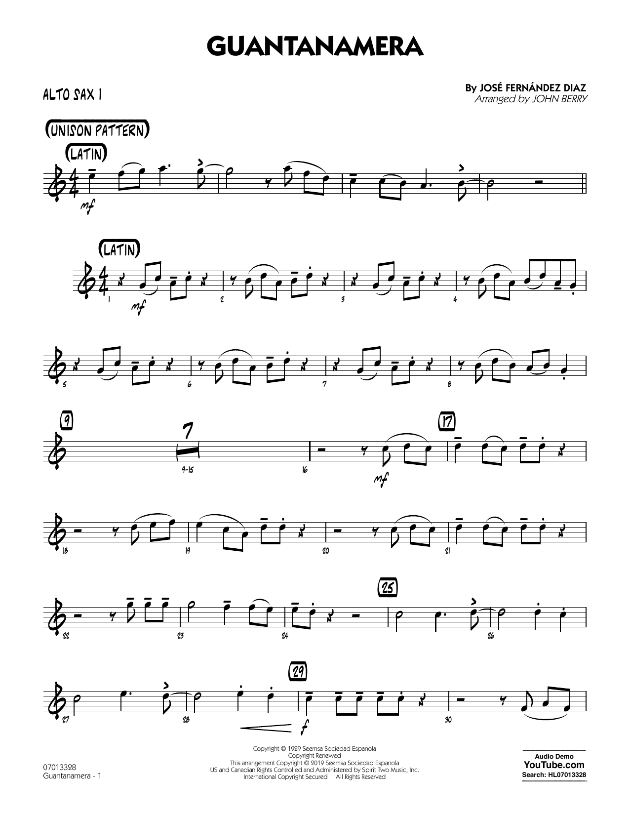 José Fernández Diaz Guantanamera (arr. John Berry) - Alto Sax 1 Sheet Music Notes & Chords for Jazz Ensemble - Download or Print PDF