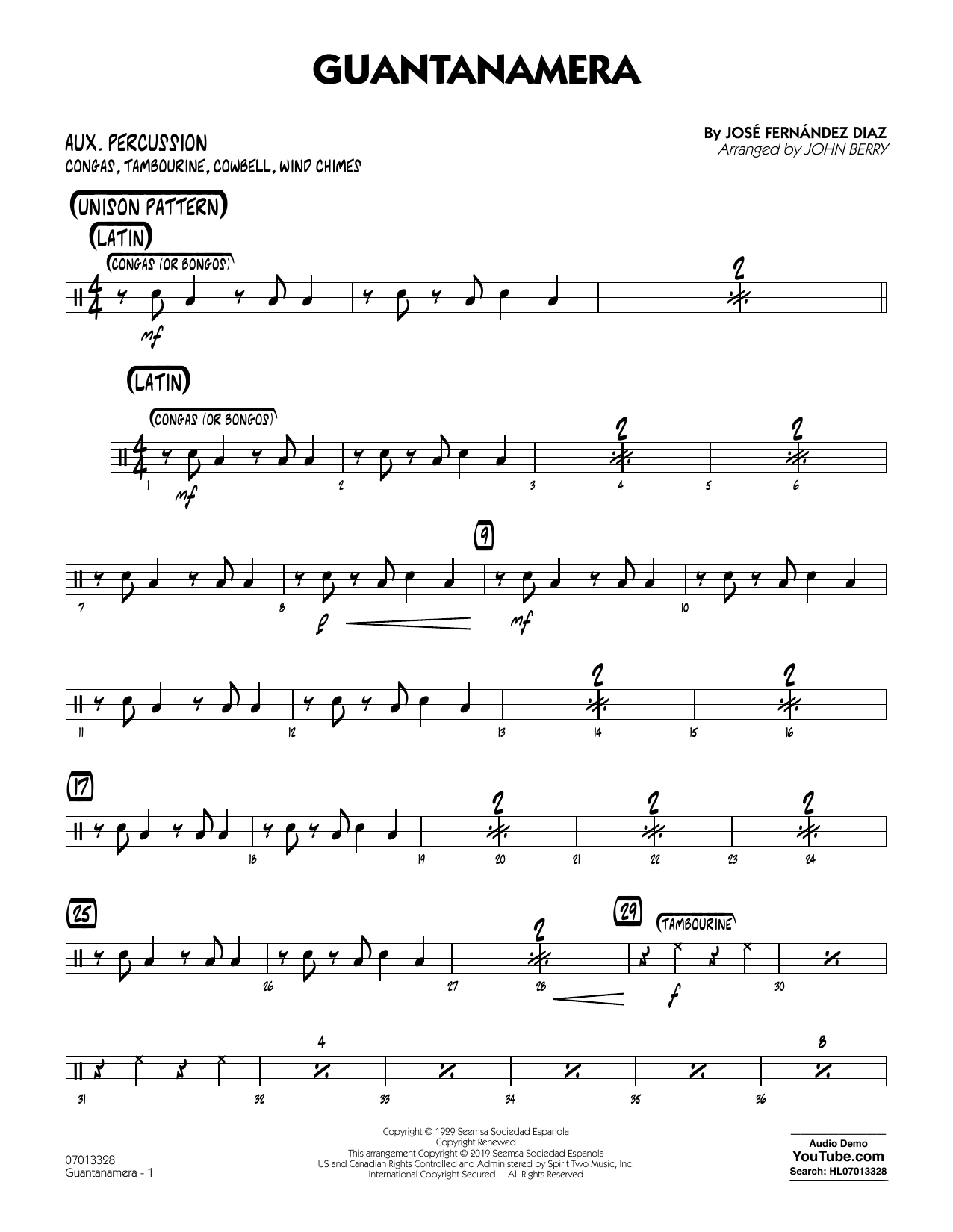 José Fernández Diaz Guantanamera (arr. John Berry) - Aux Percussion Sheet Music Notes & Chords for Jazz Ensemble - Download or Print PDF