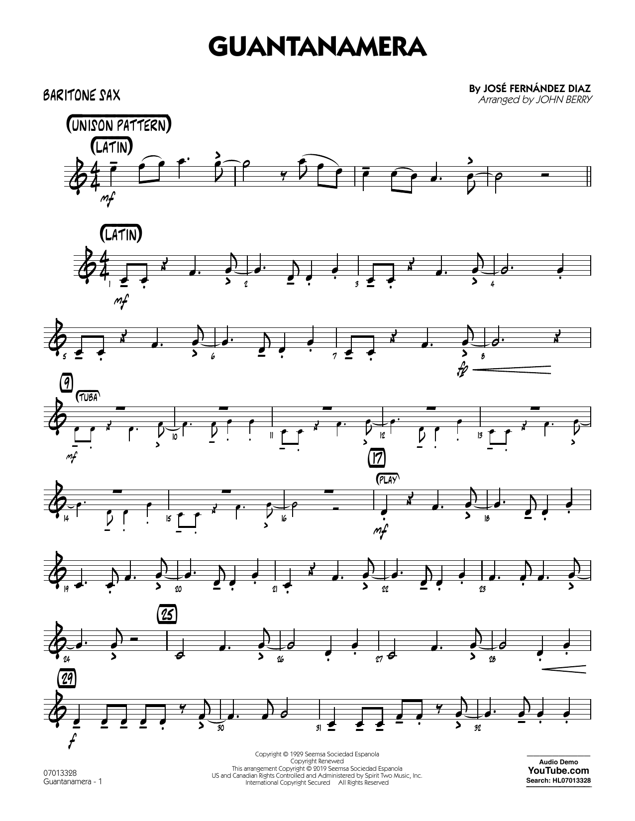 José Fernández Diaz Guantanamera (arr. John Berry) - Baritone Sax Sheet Music Notes & Chords for Jazz Ensemble - Download or Print PDF
